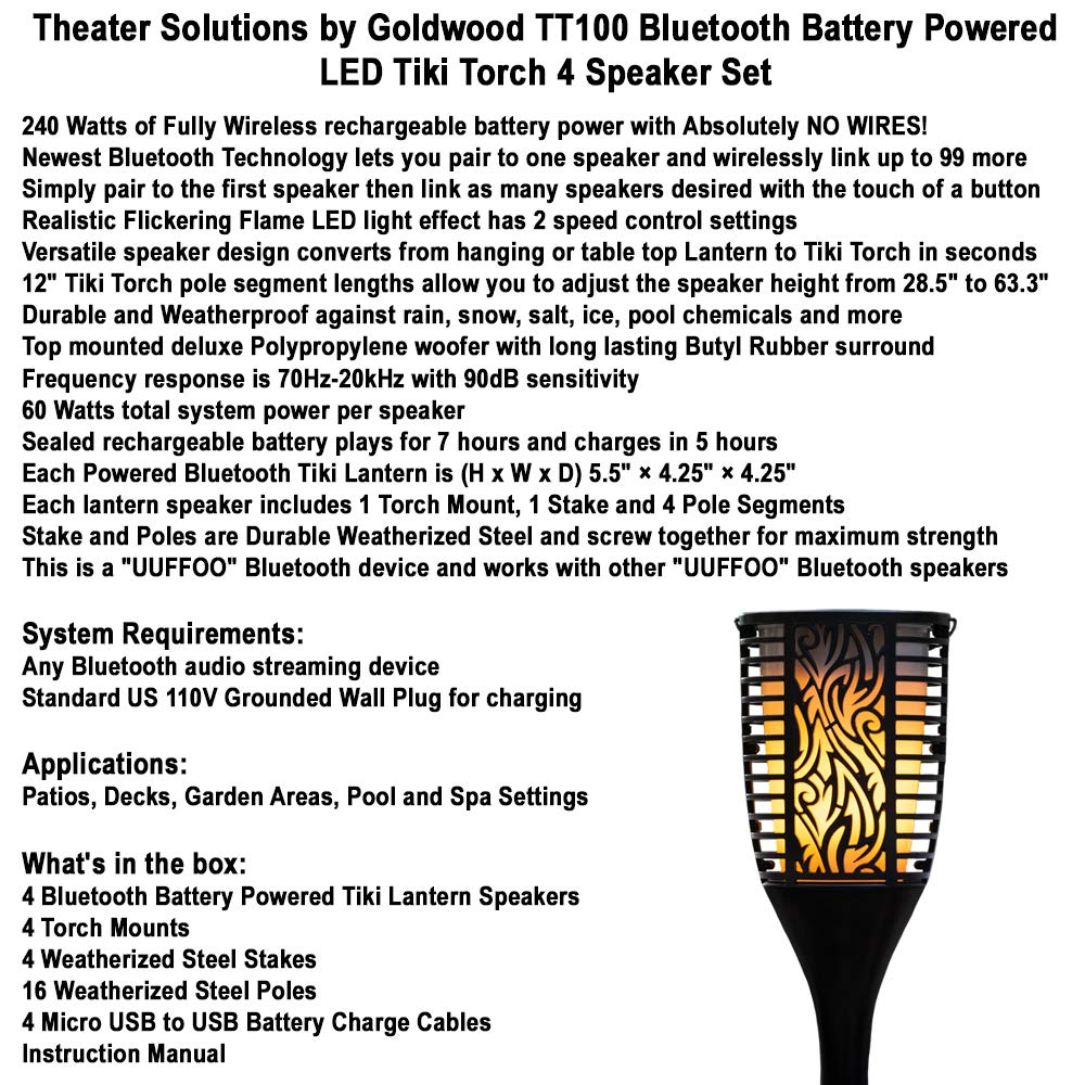 Theater Solutions TT100 240W Rechargeable Bluetooth Tiki Torch Speaker - Wireless Outdoor Party Speaker System with 99 Speaker Linking, 4-Pack Black Lanterns for Patio, Pool & Backyard Entertainment (TT100-2PR)