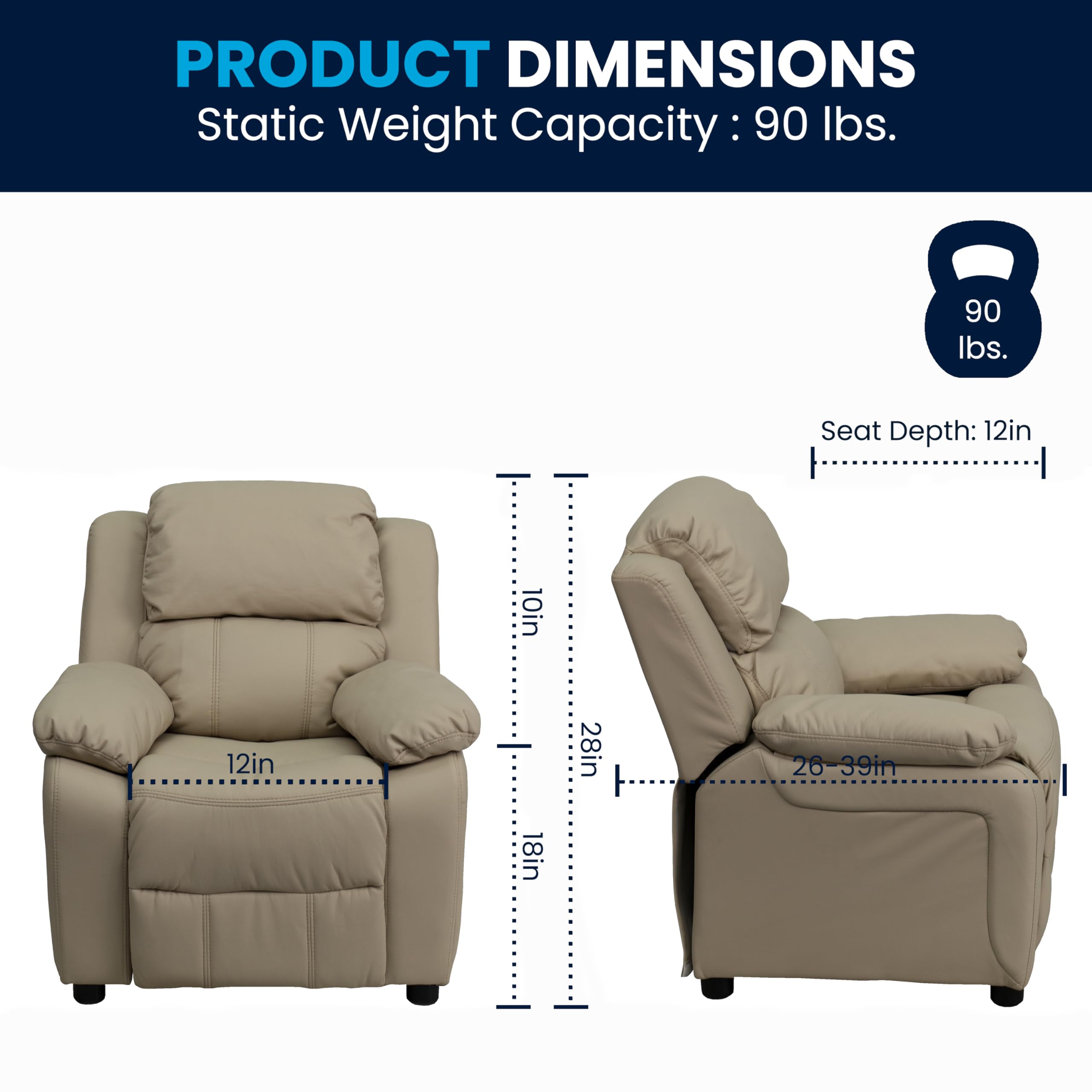 Flash Furniture Charlie Vinyl Kids Recliner with Flip-Up Storage Arms & Safety Recline - Contemporary Reclining Chair for Children (Supports 90 lbs, Beige) - Perfect for Playrooms, Bedrooms & Movie Nights