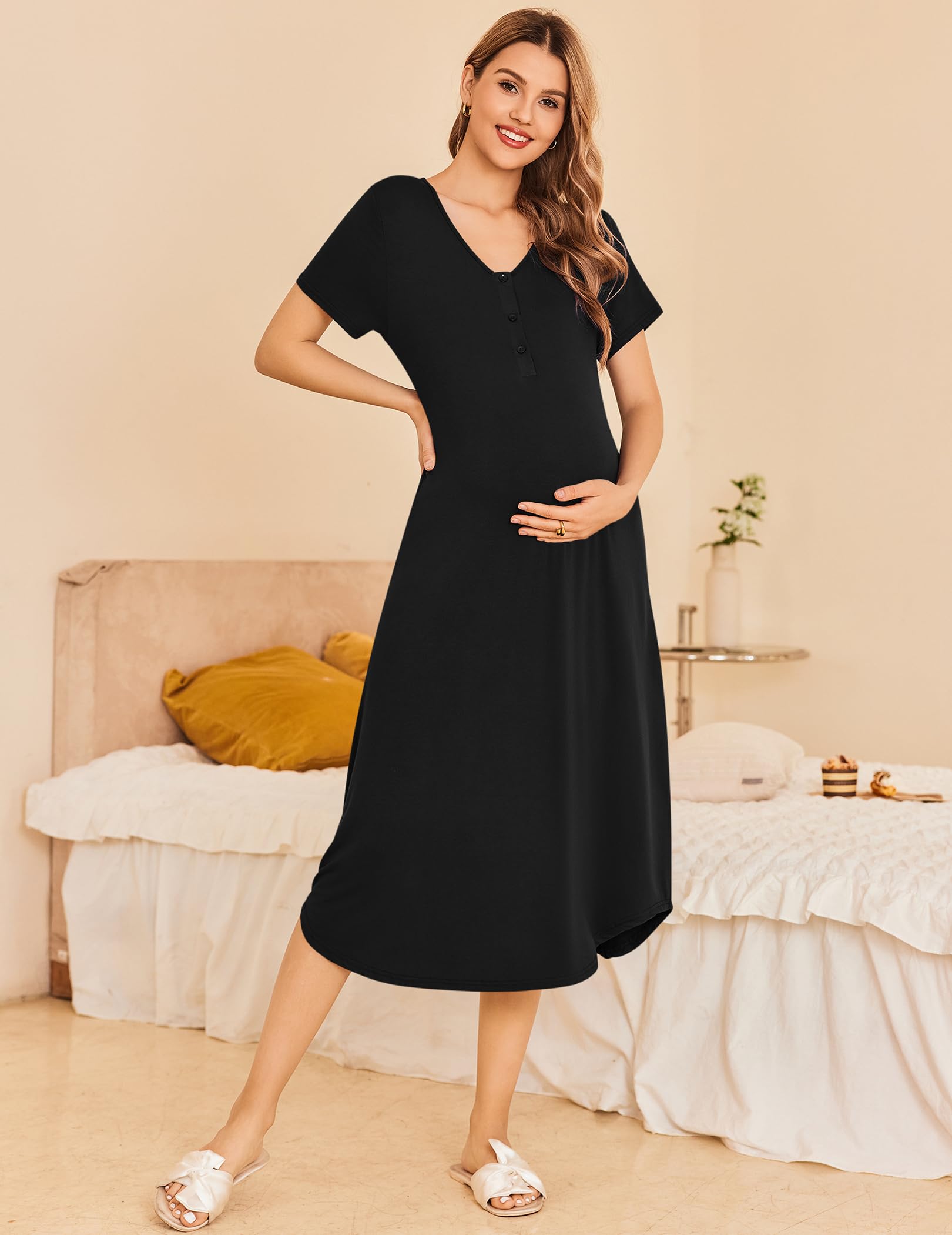 Ekouaer Women's Maternity Nightgown - Soft Nursing Nightgown for Pregnancy & Breastfeeding, Comfortable Hospital Delivery Gown - Perfect for Postpartum Recovery and Newborn Care