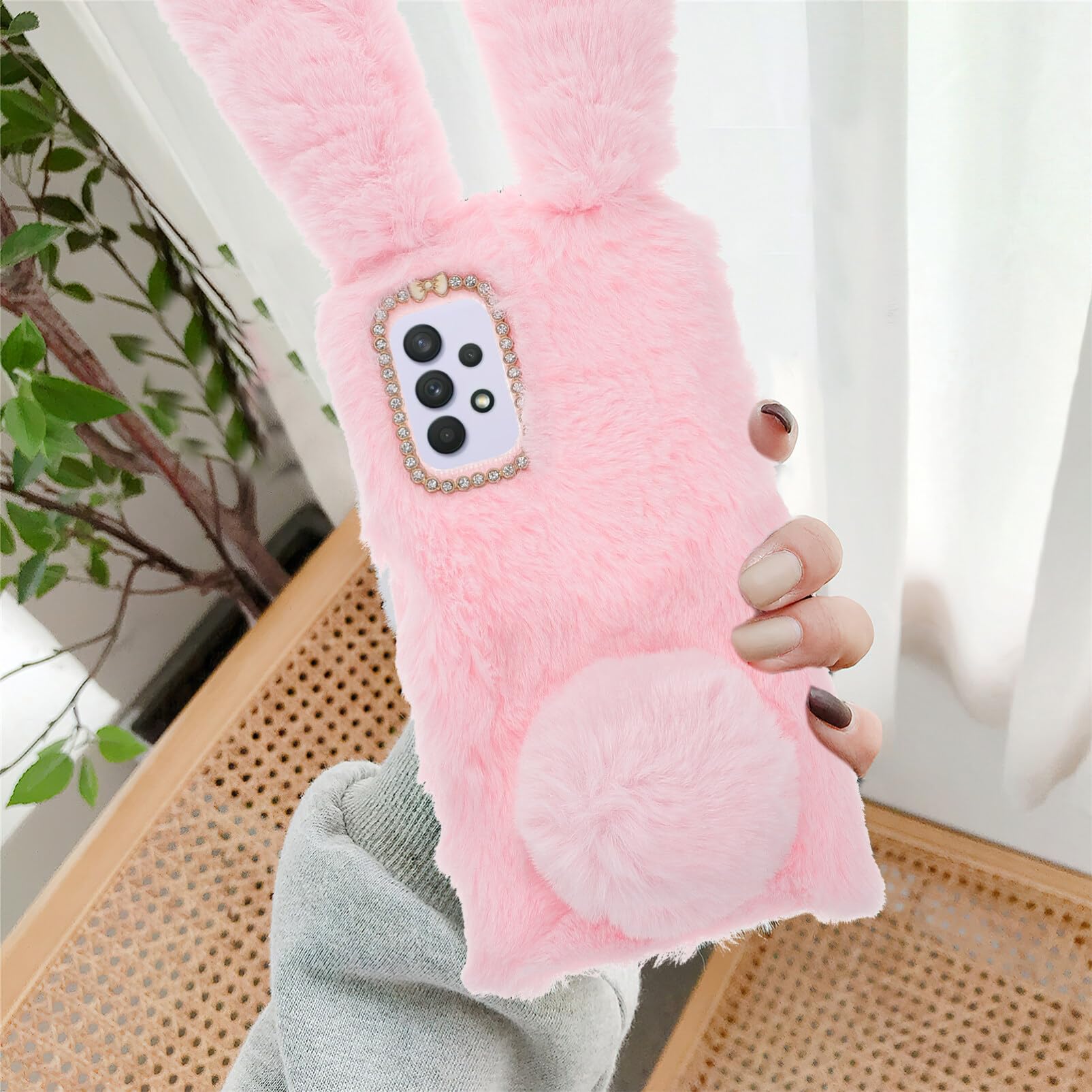 Fluffy Rabbit Plush Phone Case - Cute Cartoon Soft Phone Cover for Samsung Galaxy A03s - Pink Protective Shell for Girls & Teens - Perfect for School, Work & Everyday Use