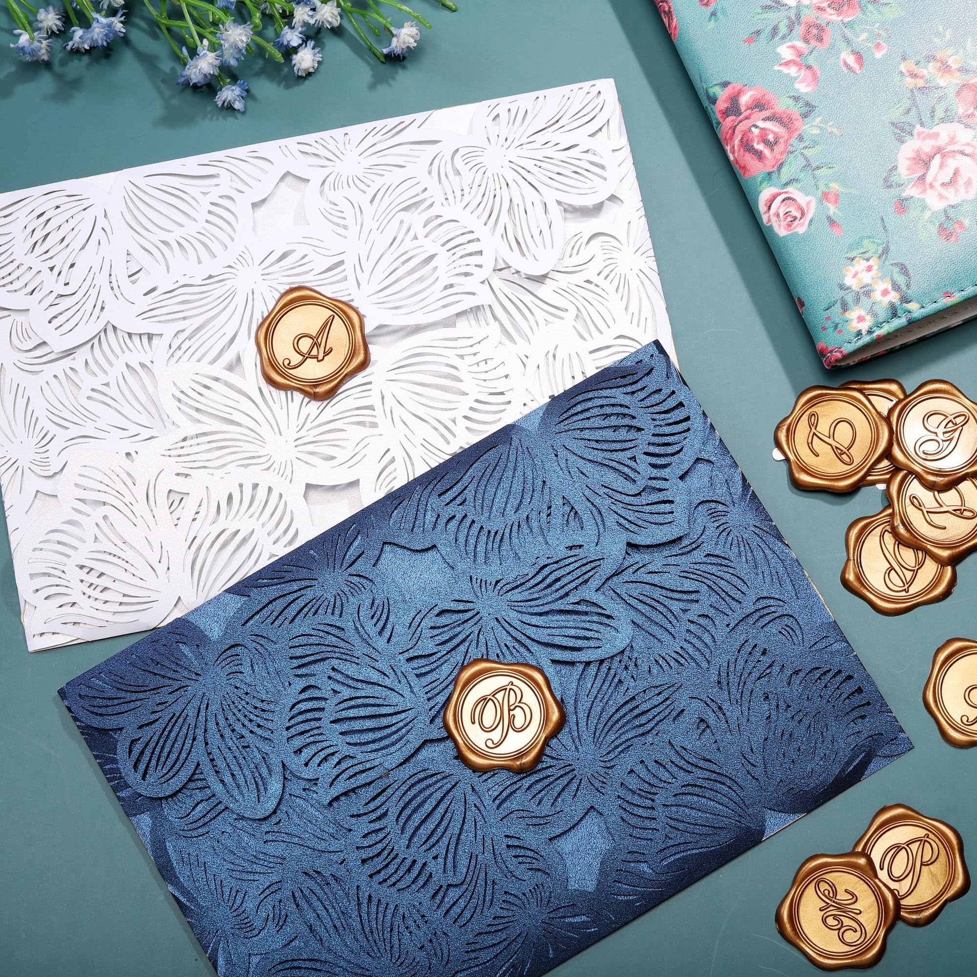 Yoption Initial Alphabet B Adhesive Wax Seal Stickers - 50 Pack Gold Letter Wax Seals for Envelopes, Self-Adhesive Decorative Stickers for Wedding, Party, Birthday & Christmas Invitations - Perfect for DIY Crafts, Scrapbooking & Elegant Correspondence