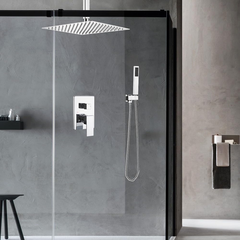 10 Inch Ceiling Mounted Rain Shower System - Polished Chrome Rainfall Shower Head with Mixer Valve & Rough-in Trim - Perfect for Modern Bathroom & Spa-like Shower Experience