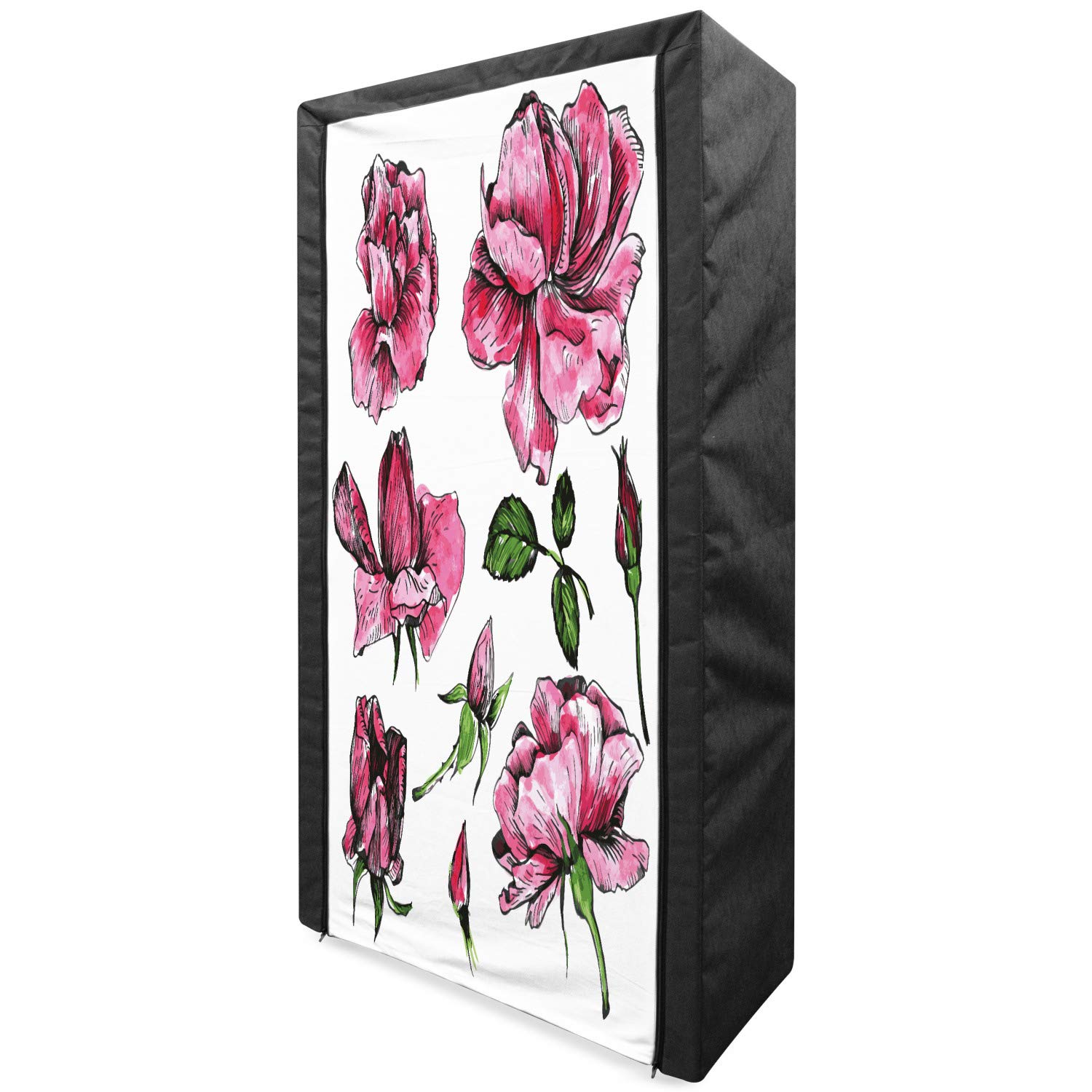 Ambesonne Floral Portable Fabric Wardrobe - Hand Drawn Rose Garden Design Clothing Organizer with Shelves, 33.5 Inch Pale Pink Storage Closet for Bedroom, Closet, Dorm Room or Nursery Organization