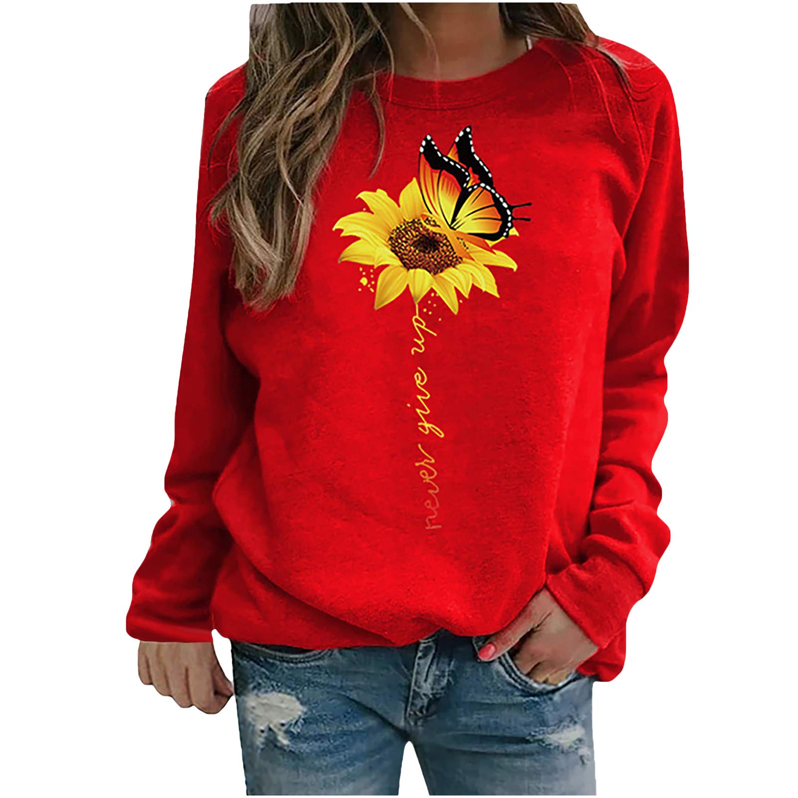 Women's Winter Casual Butterfly Print Sweatshirt - Soft Long Sleeve Blouse Tee for Work & Everyday Wear | Cozy Office Outfit & Weekend Lounge Wear