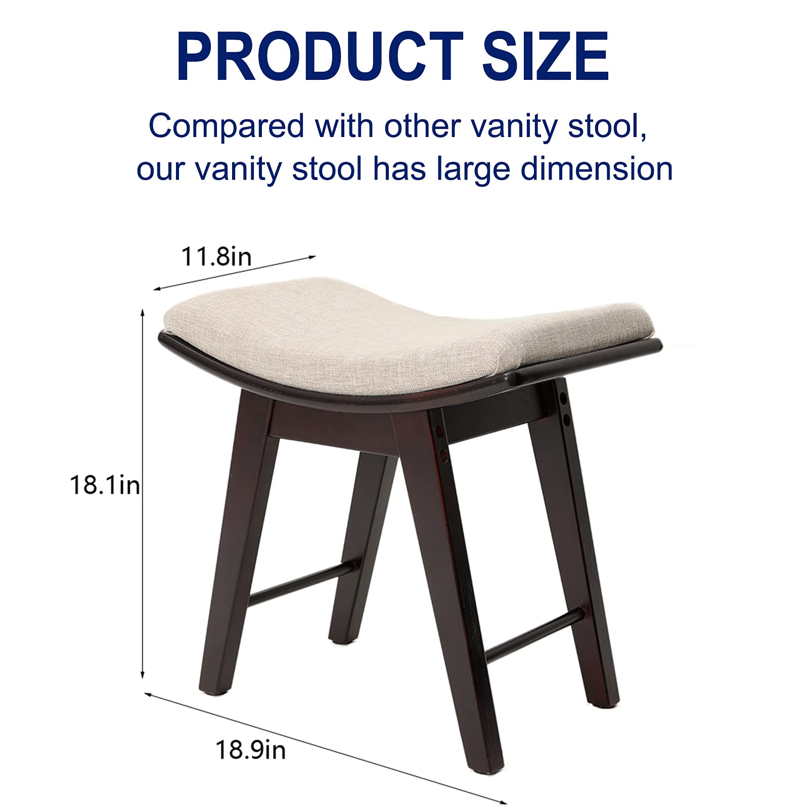 Iwell Vanity Stool with Rubberwood Legs & Padded Cushion - Brown Makeup Chair for Bedroom, Dressing Room, Entryway - Comfortable Seating for Makeup, Dressing & Home Decor