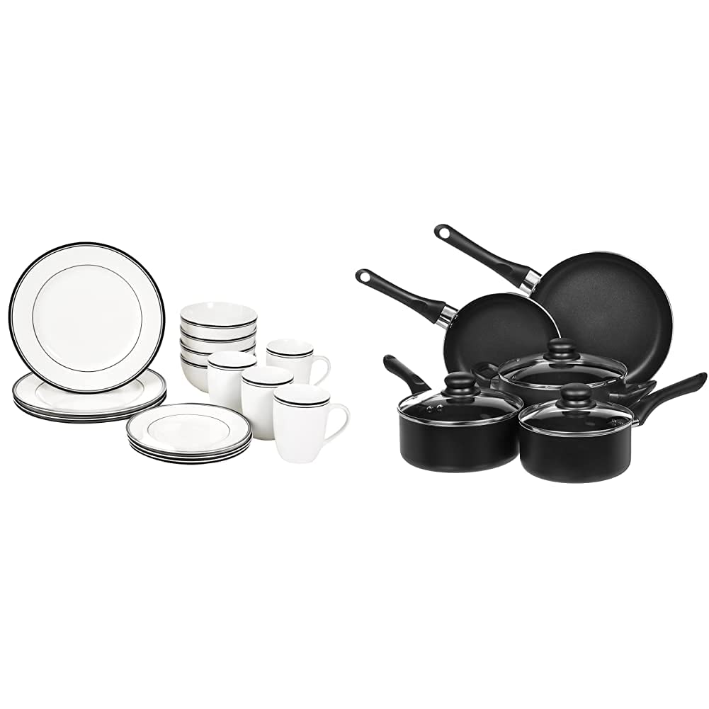 Amazon Basics 16-Piece Cafe Stripe Dinnerware Set - Plates, Bowls, Mugs for 4 People & 8-Piece Non-Stick Cookware Set with Pots and Pans - Modern Black Kitchen Essentials for Dining, Cooking & Entertaining