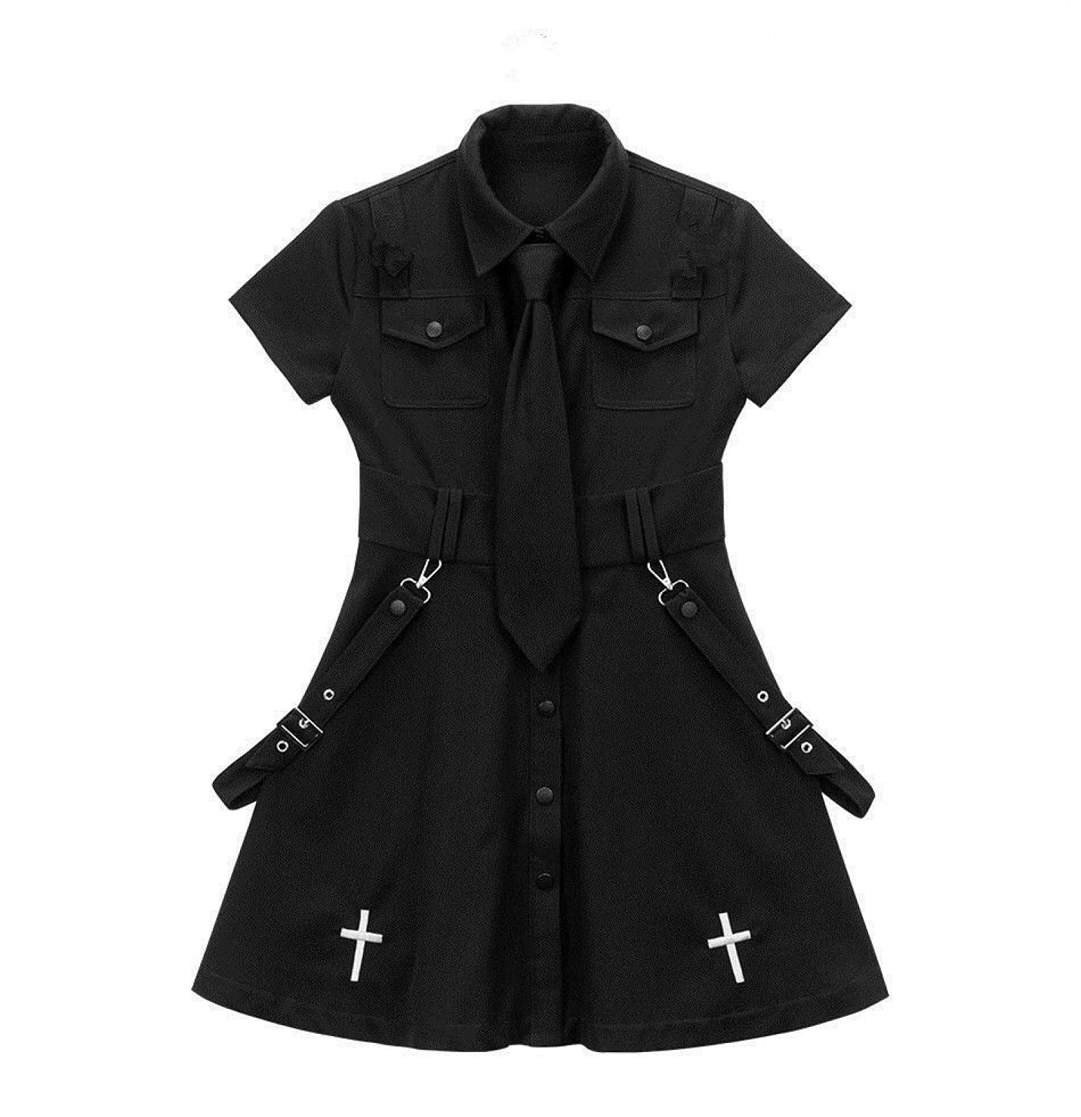 Gothic Punk Mini Dress for Women - Black Short Sleeve Harajuku Style Emo Shirt | Perfect for Summer Concerts, Mall Goth Fashion & Alternative Night Outfits