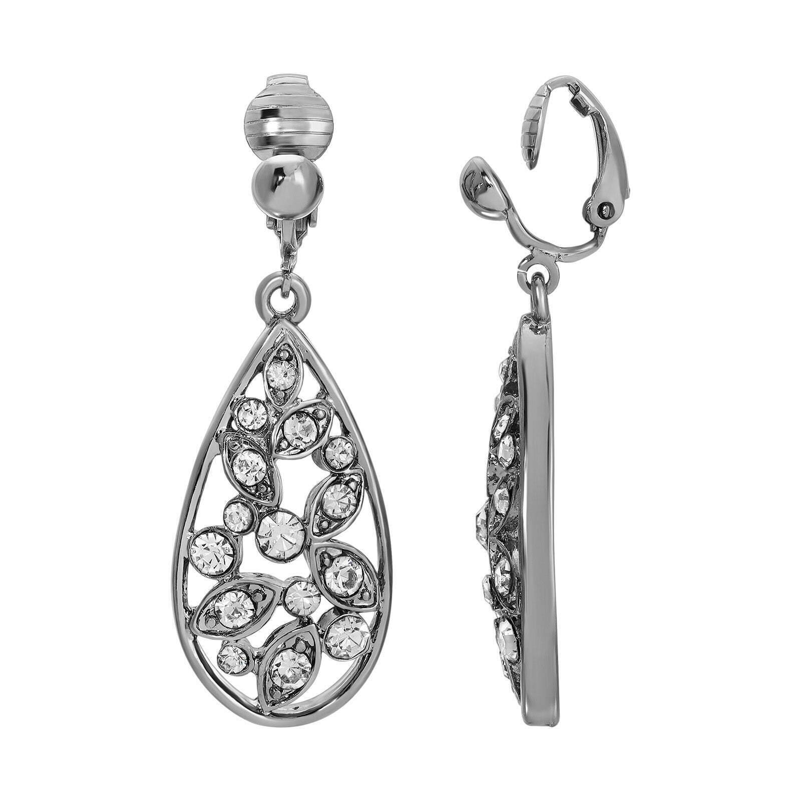 1928 Jewelry Crystal Vine Teardrop Clip-On Earrings for Women - Vintage Style Non-Piercing Earrings for Parties, Weddings & Special Occasions