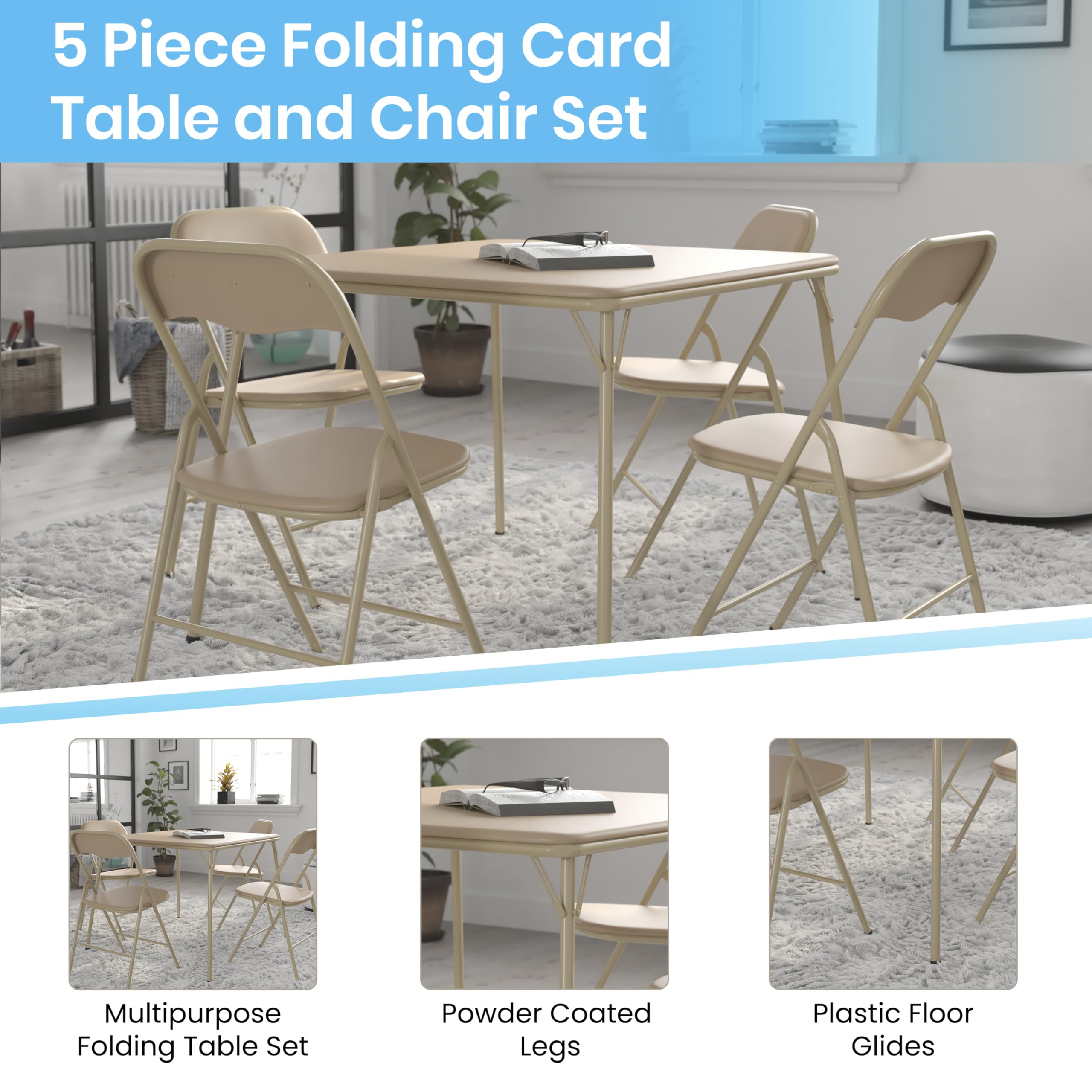 EMMA + OLIVER 5-Piece Tan Folding Game Room Card Table and Chair Set - Perfect for Poker Nights, Family Game Nights, and Home Entertainment Spaces