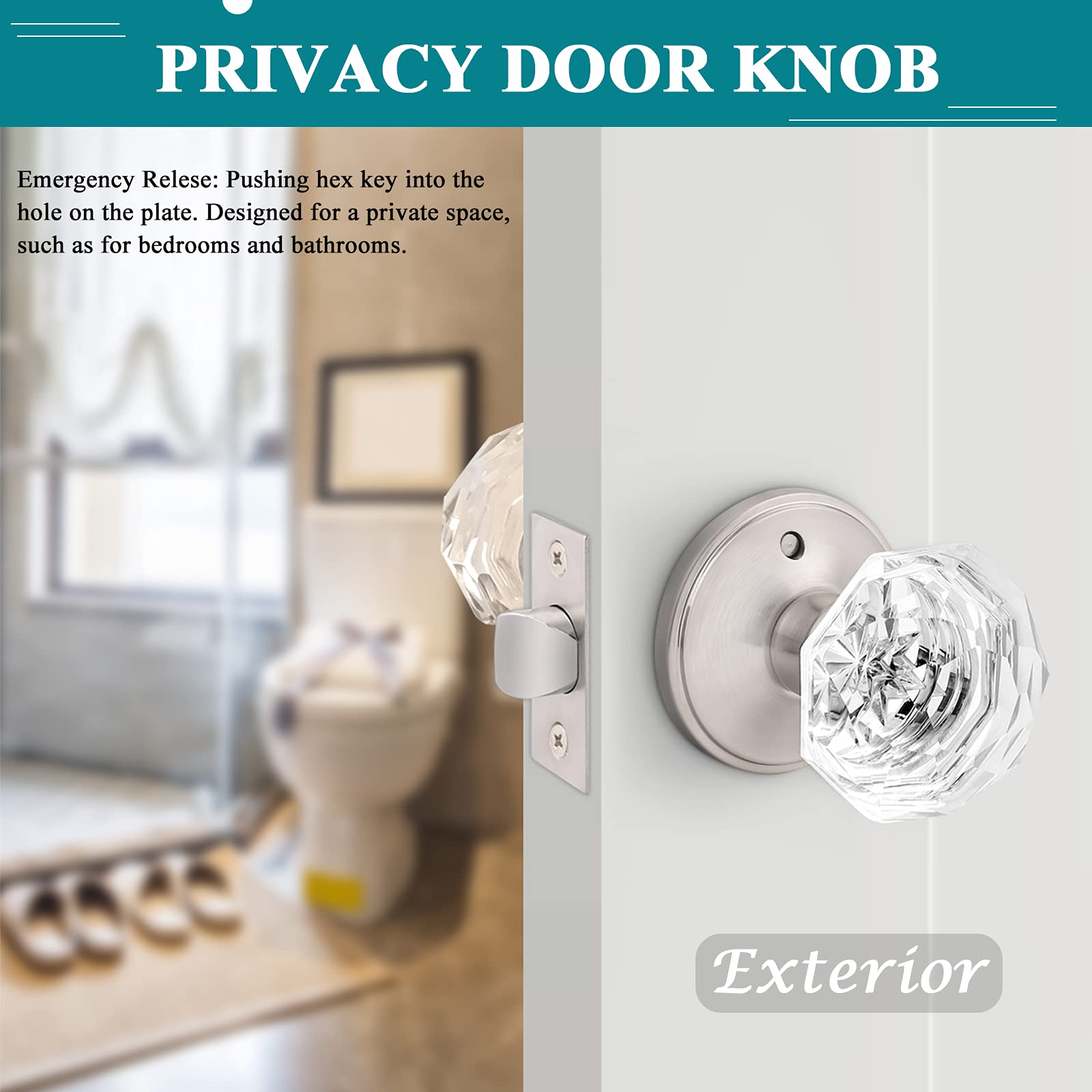 6 Pack Clear Glass Privacy Door Knobs with Satin Nickel Finish - Crystal Bedroom & Bathroom Door Handles - Zinc Alloy Round Rosette for Home Interior Doors (Ideal for Bedrooms, Bathrooms & Privacy Spaces)
