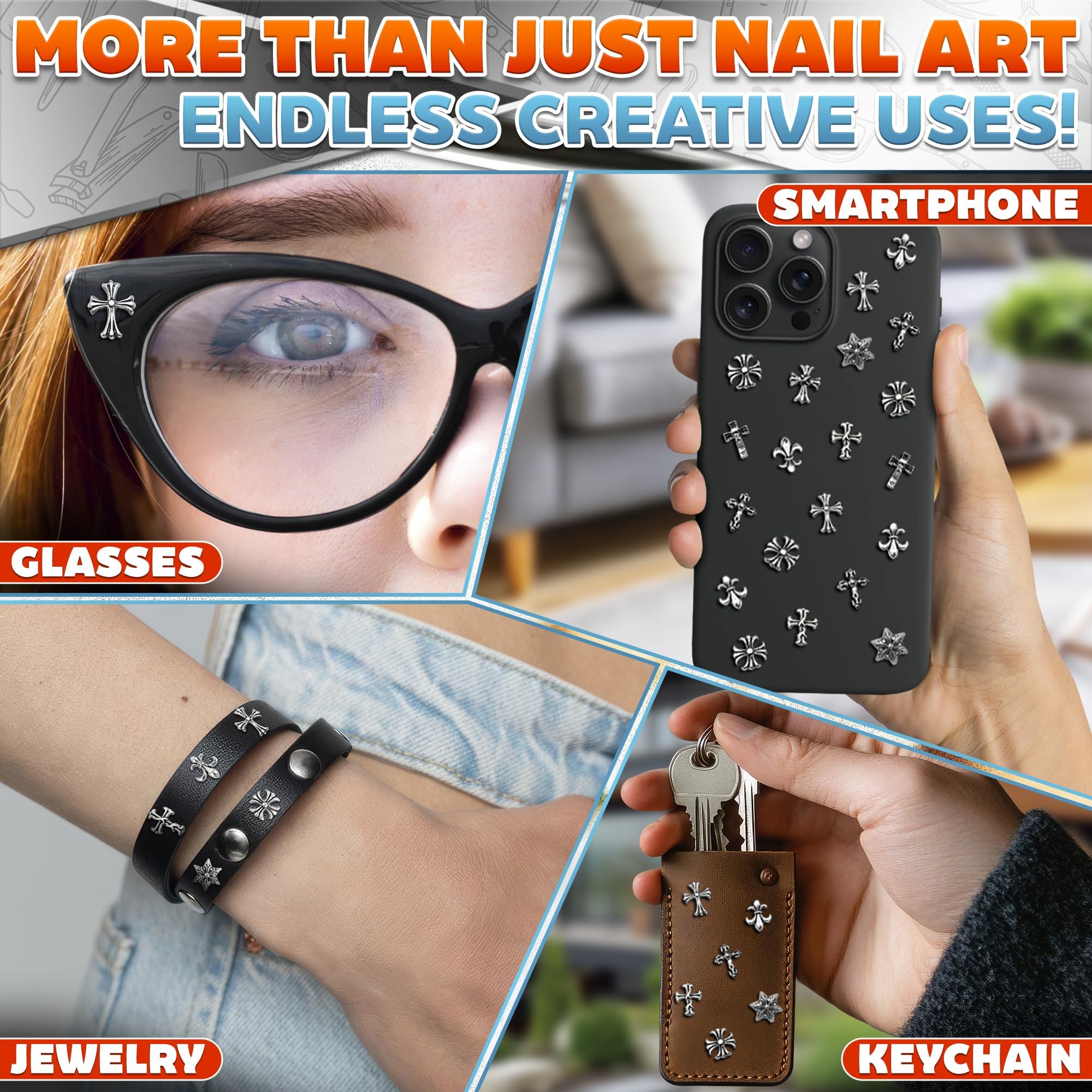 100 Pcs Silver Cross Nail Charms & Gems for Nail Art - Bulk 3D Y2K Nail Jewelry for DIY Nail Designs - Perfect for Parties, Weddings, and Salon Nail Decoration