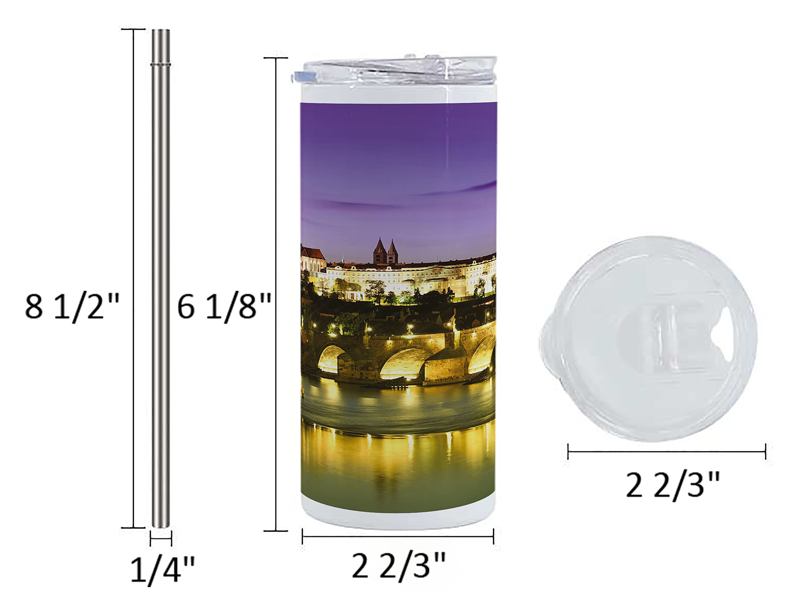 Ambesonne 12 Oz Skinny Tumbler with Charles Bridge Prague Design - Vacuum Insulated Stainless Steel Travel Mug - Leakproof for Coffee, Tea & Cold Drinks - Perfect for Travel, Office, Hiking & Picnics (Purple, Yellow, Brown)