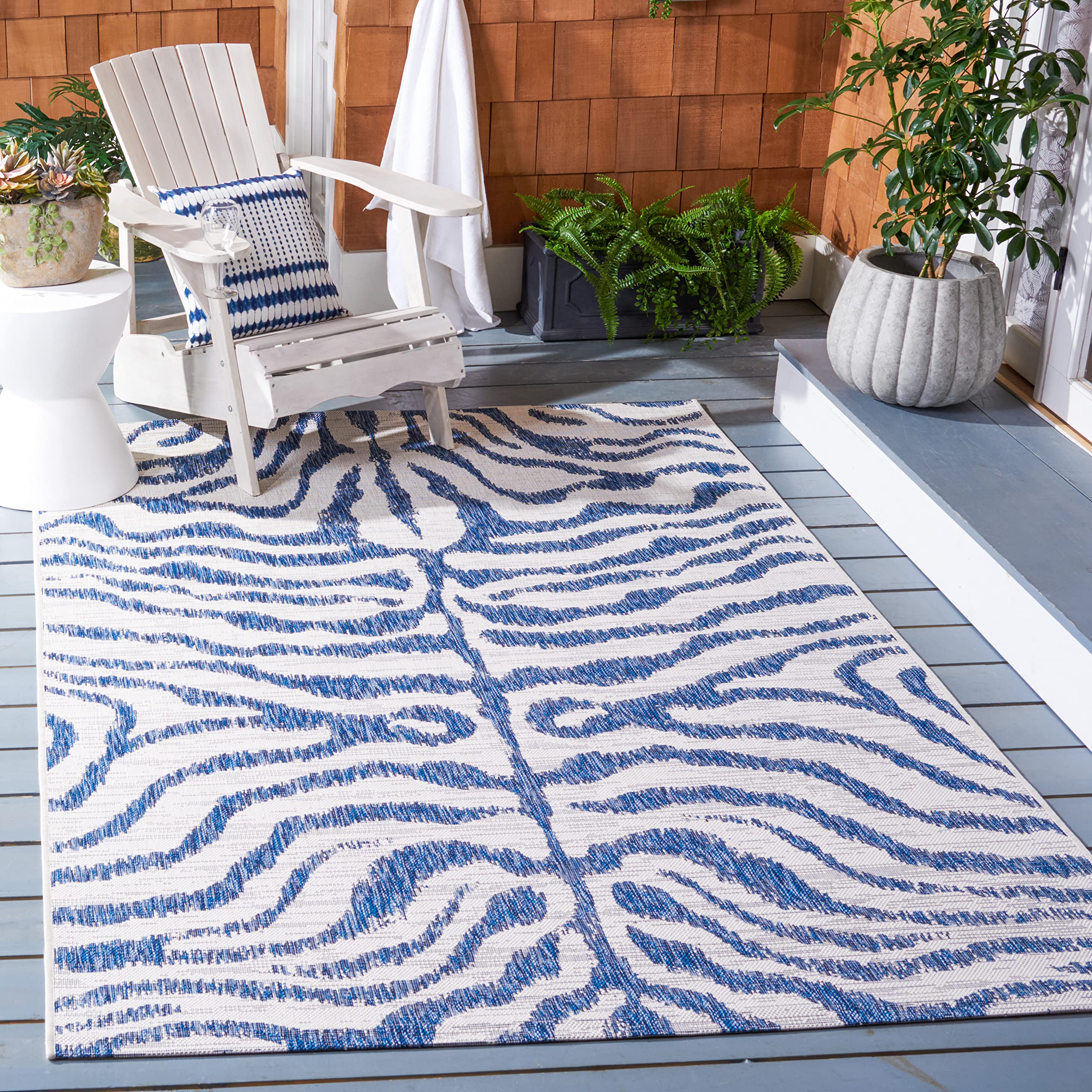 SAFAVIEH Courtyard Collection 8' x 10' Ivory/Navy Indoor Outdoor Waterproof Rug - Easy Clean, Stain Resistant Area Carpet for Patio, Backyard, Mudroom, Deck, Porch & Sunroom