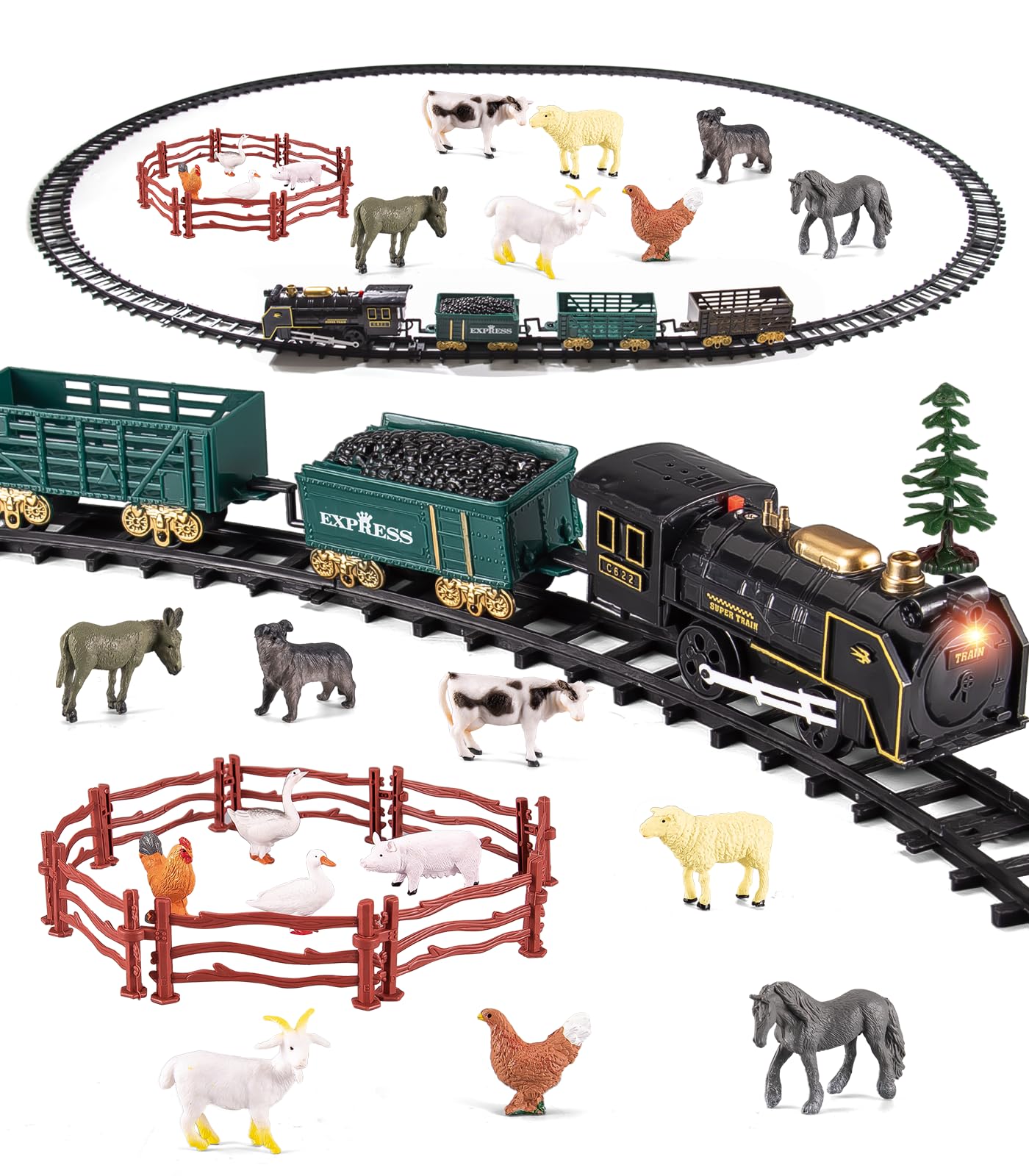 Electric Farm Toy Train Set with Light & Sound - 12 Animal Figures Included - Miniature Steam Engine for Kids Ages 3+ - Perfect for Birthday Cakes, Stocking Stuffers & Toddler Playtime