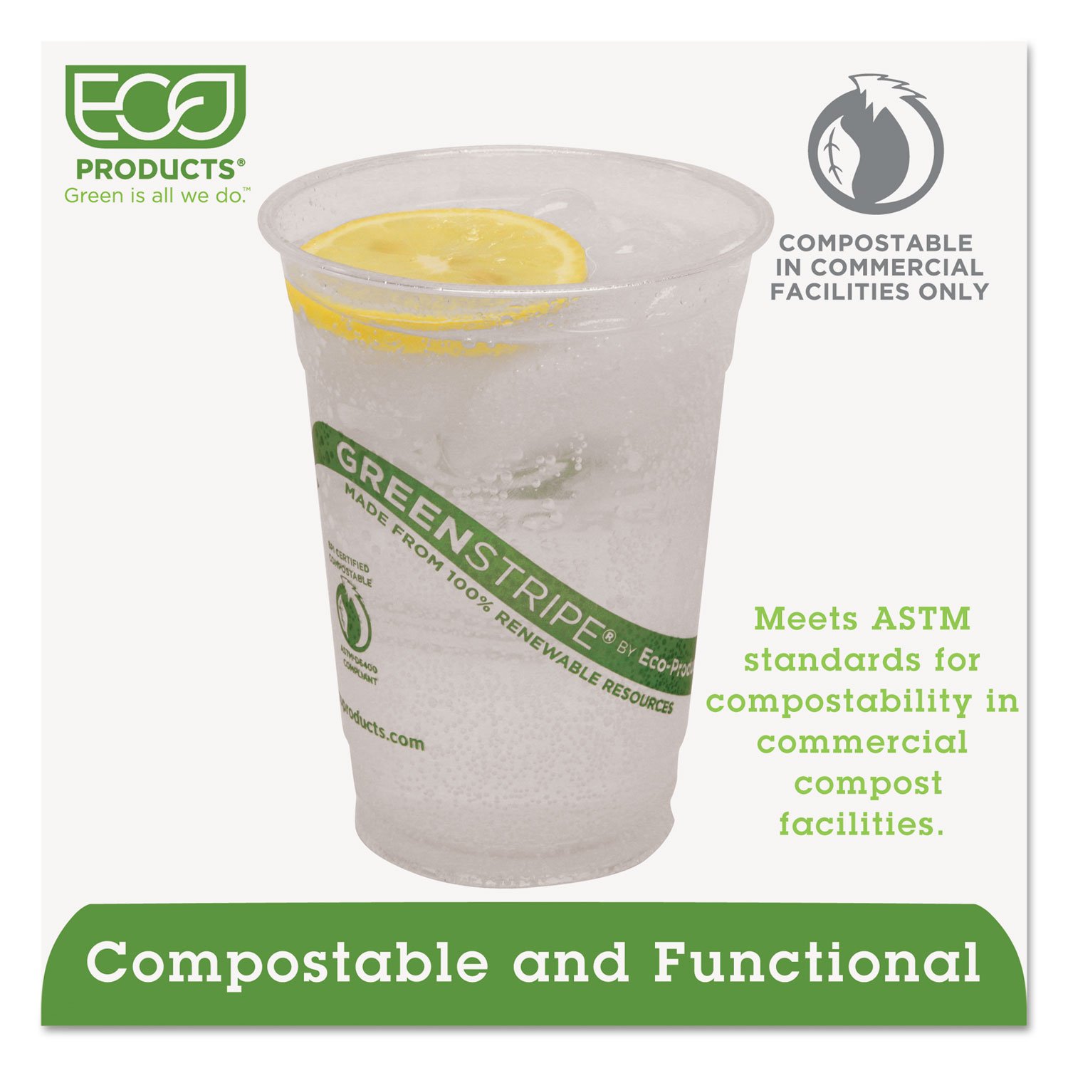 Eco-Products EPCC16GS GreenStripe 16oz Compostable Cold Cups - 50/Pack, 20 Packs/Case | Biodegradable & Eco-Friendly Drinkware for Parties, Picnics, and Office Use