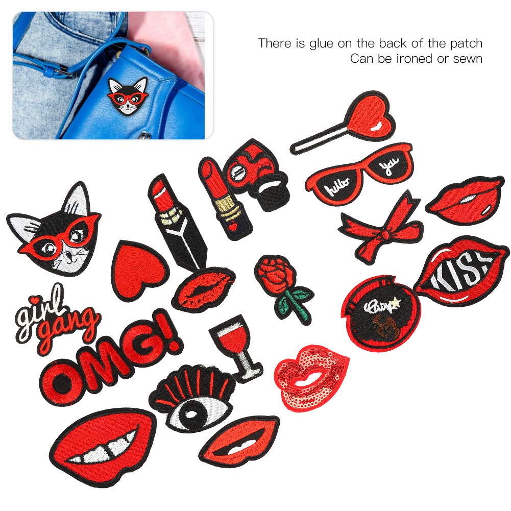 20pcs Lip Pattern Embroidery Patches - Iron On & Sew On DIY Badges for Jackets, Shirts, Hats - Perfect for Clothing Repair, Fashion DIY Crafts & Costume Accessories (Great for Parties, Cosplay & Personal Style Customization)