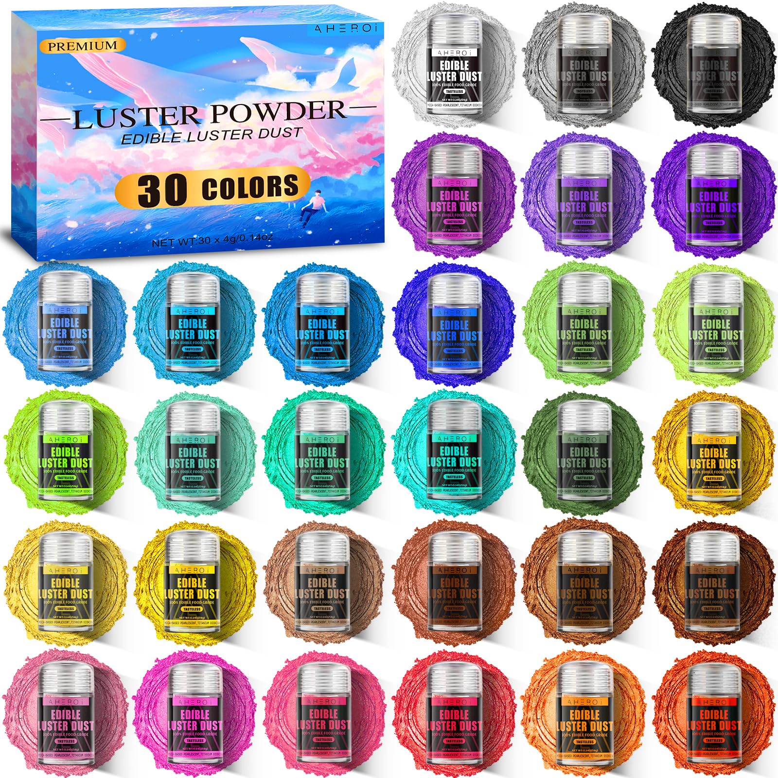 Aheroi Edible Glitter Dust - 30 Colors Food Safe Glitter Powder for Baking, Cake Decorating, Cocktails & Drinks (4g/0.14oz per Jar) - Perfect for Wedding Cakes, Cupcakes, Chocolate, Fondant & DIY Dessert Decorations