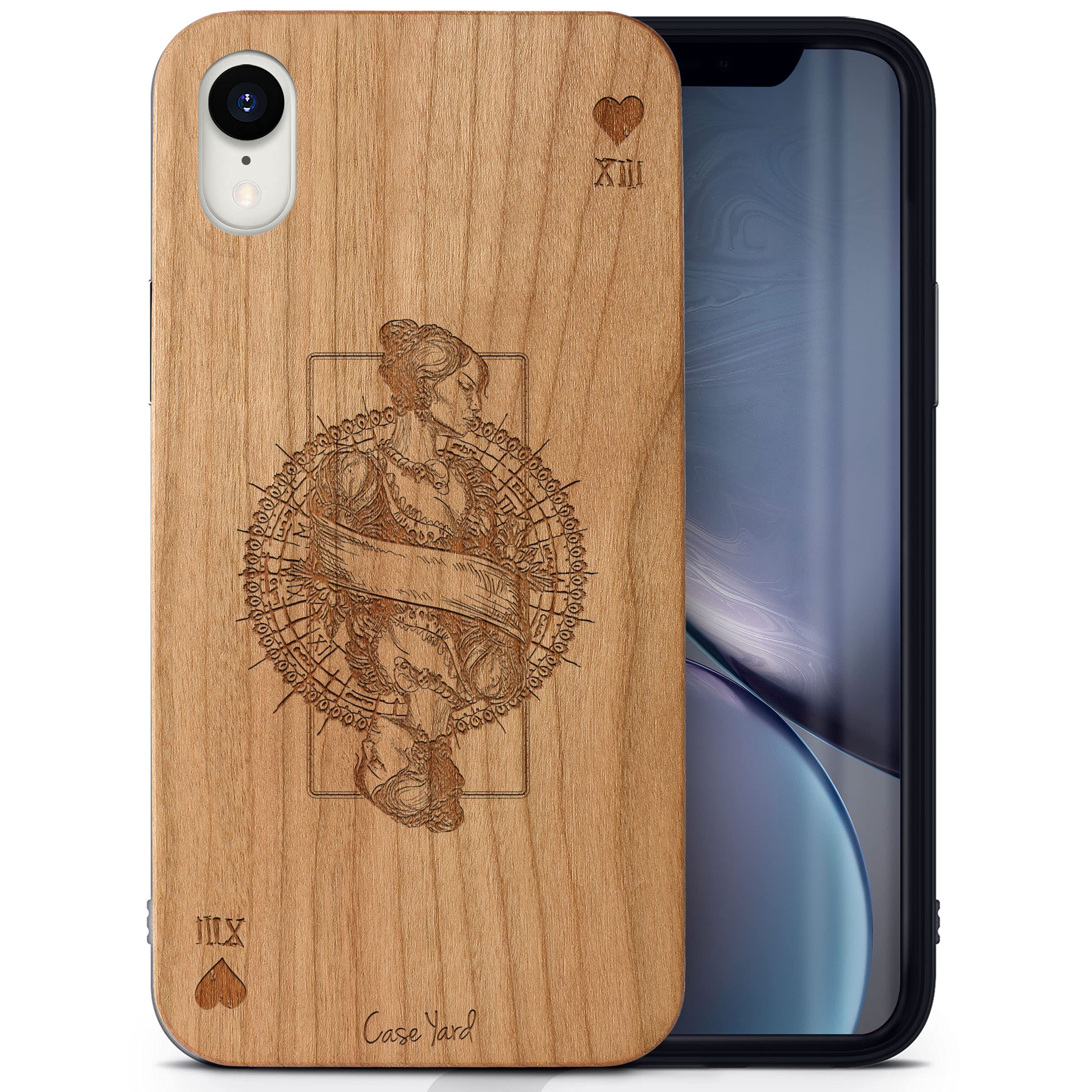CaseYard Cherry Wood iPhone XR Case - Laser Engraved Queen of Hearts Design | Slim Fit Shockproof Protective Cover for Men & Women | Perfect for Daily Use, Travel & Gift Giving