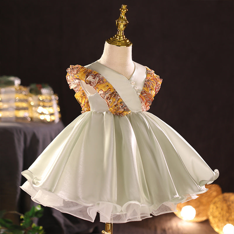 Elegant Sage Green A-Line Tea-Length Flower Girl Dress with Bows - Perfect for Weddings, Bridal Showers & Special Occasions