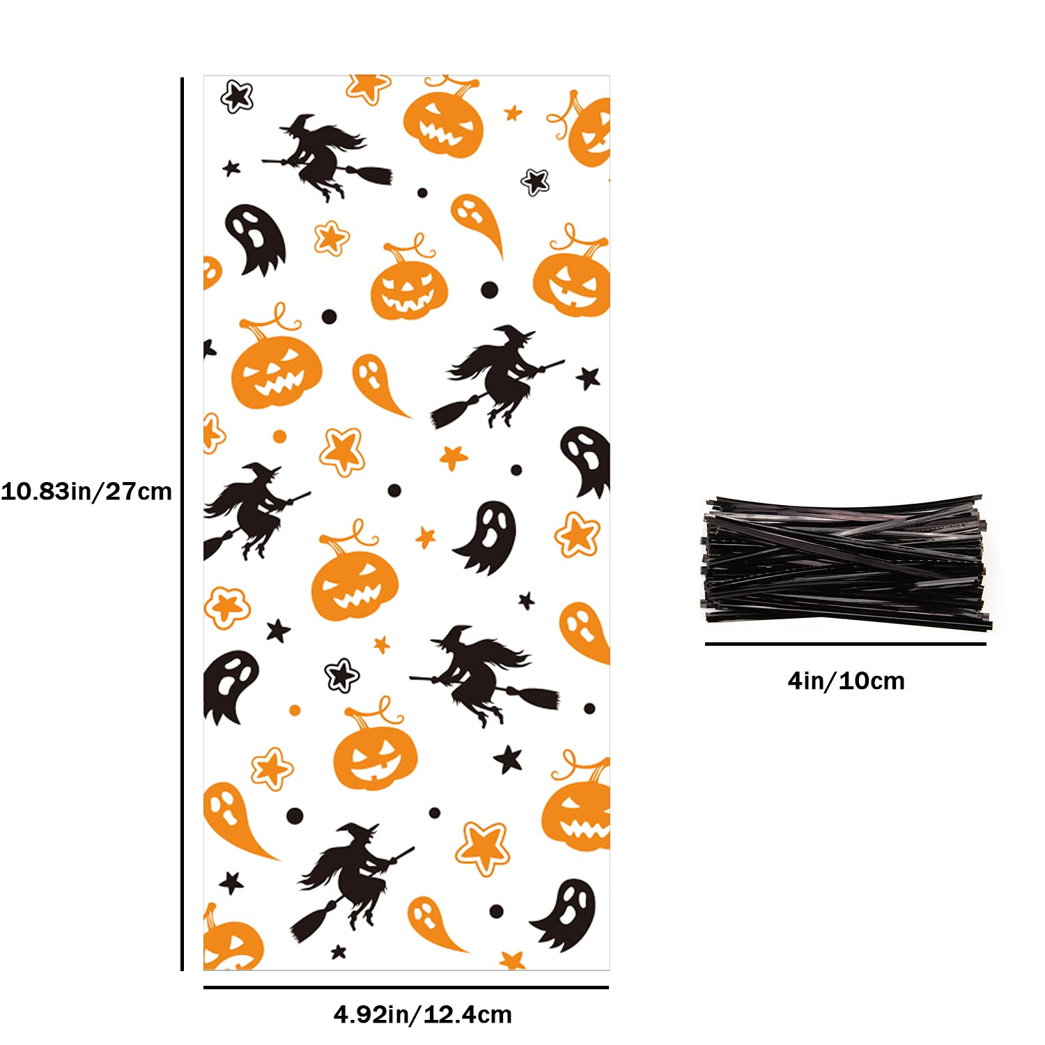 LOMIMOS 150PCS Halloween Cellophane Candy Bags with 300PCS Twist Ties - Clear Plastic Treat Bags for Snacks, Cookies & Party Favors - Perfect for Halloween Parties, Trick-or-Treating & Gift Giving