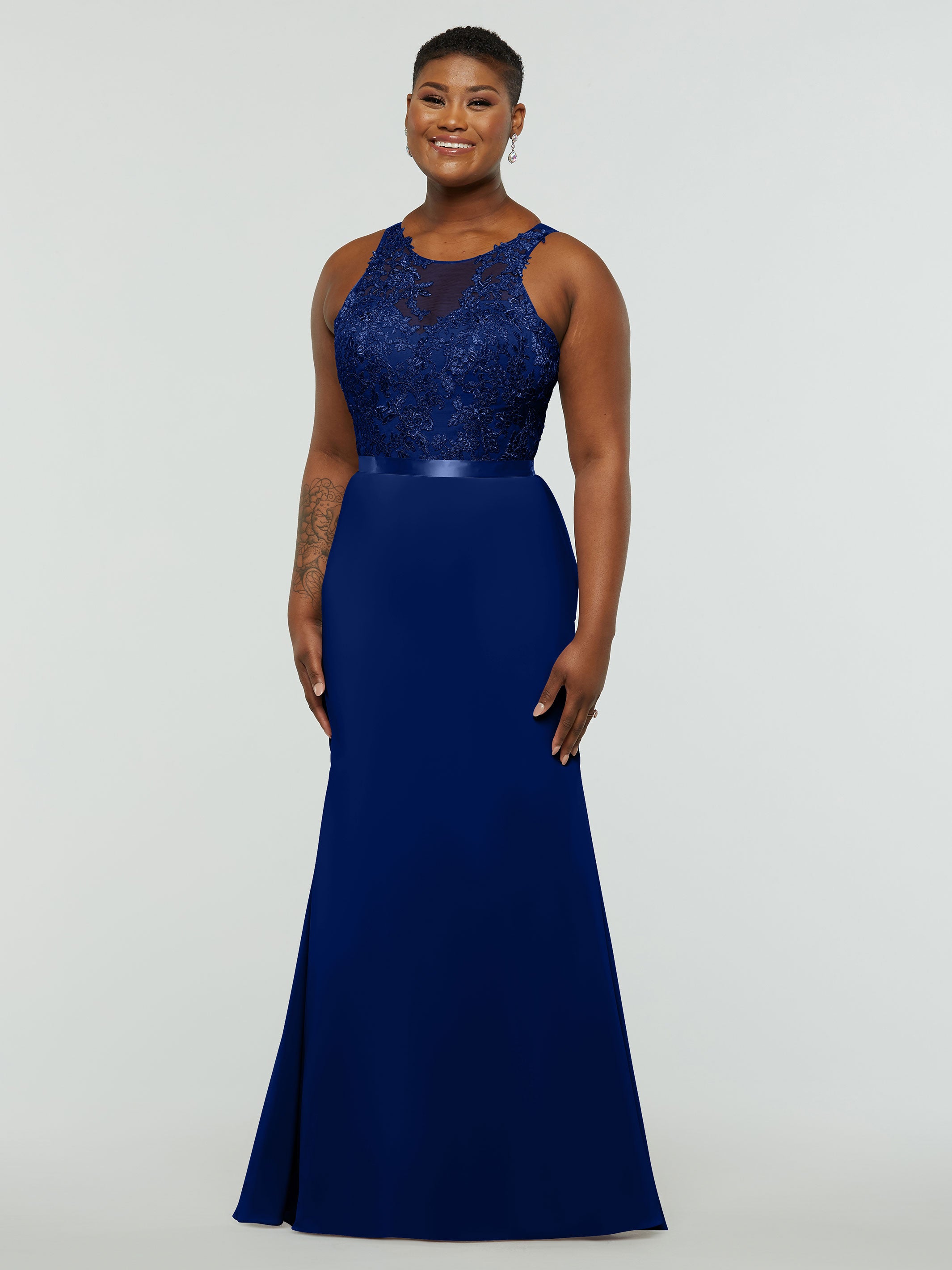 Elegant 80095 Stretch Chiffon Fit and Flare Bridesmaid Dress with Lace Illusion Bodice - Perfect for Weddings, Formal Events & Special Occasions
