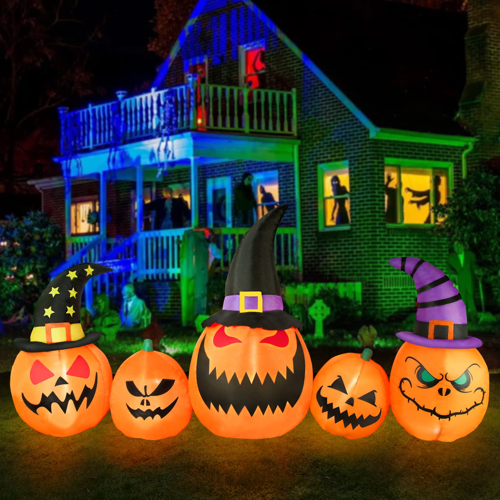 8Ft Long Inflatable Pumpkins Halloween Decorations with Wizard Hat & Built-in LED Lights - Outdoor/Indoor Yard, Garden, Lawn Decor for Halloween Party, Fall Festival & Spooky Home Decor