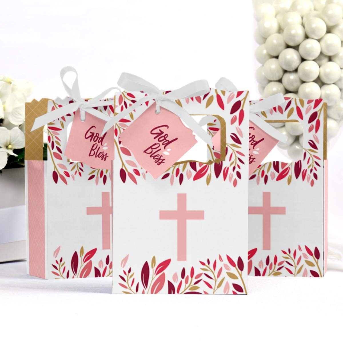 Elegant Pink Cross Party Favors - Set of 12 Religious Gift Boxes for Girls Baptism, First Communion & Christian Celebrations