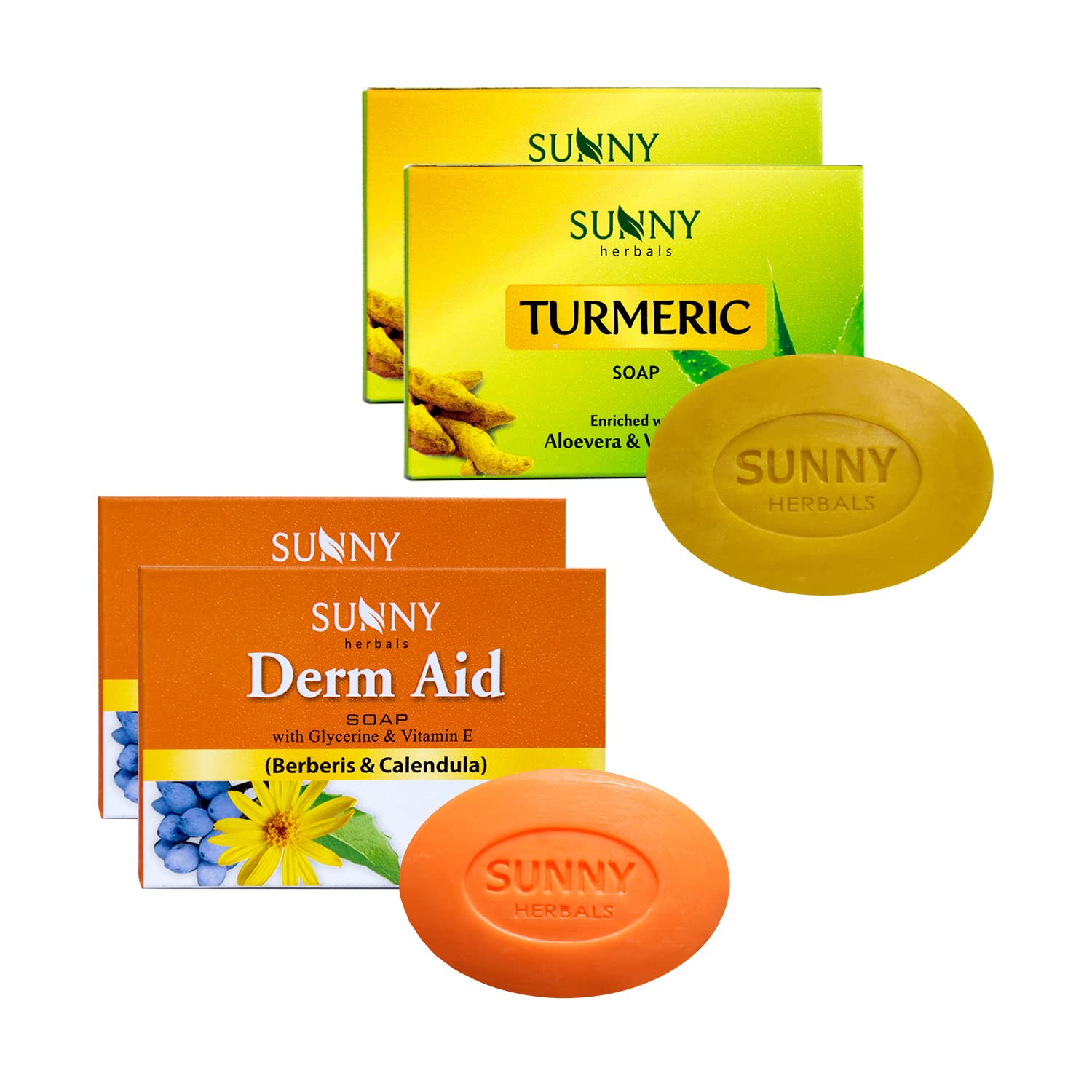 Sunny Natural Derm Aid & Turmeric Soap Combo Pack (4 Bars) - For Dry Skin, Acne Treatment, Skin Brightening, Antioxidant & Antiseptic Properties | Perfect for Daily Skincare Routine & Problem Skin Care