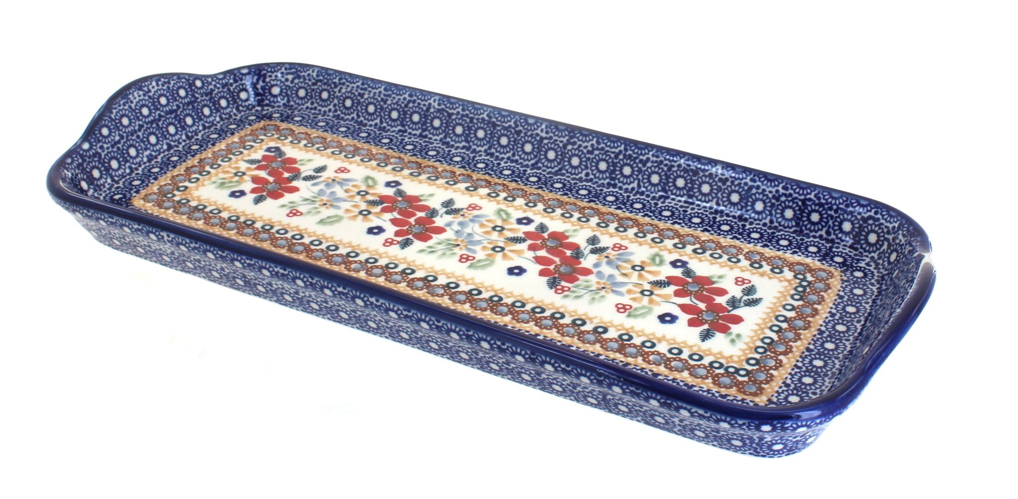 Handmade Blue Rose Polish Pottery Bread Tray with Red Daisy Design & Sturdy Handles - Perfect for Serving Bread, Pastries & Charcuterie at Brunch, Tea Parties & Farmhouse Dining