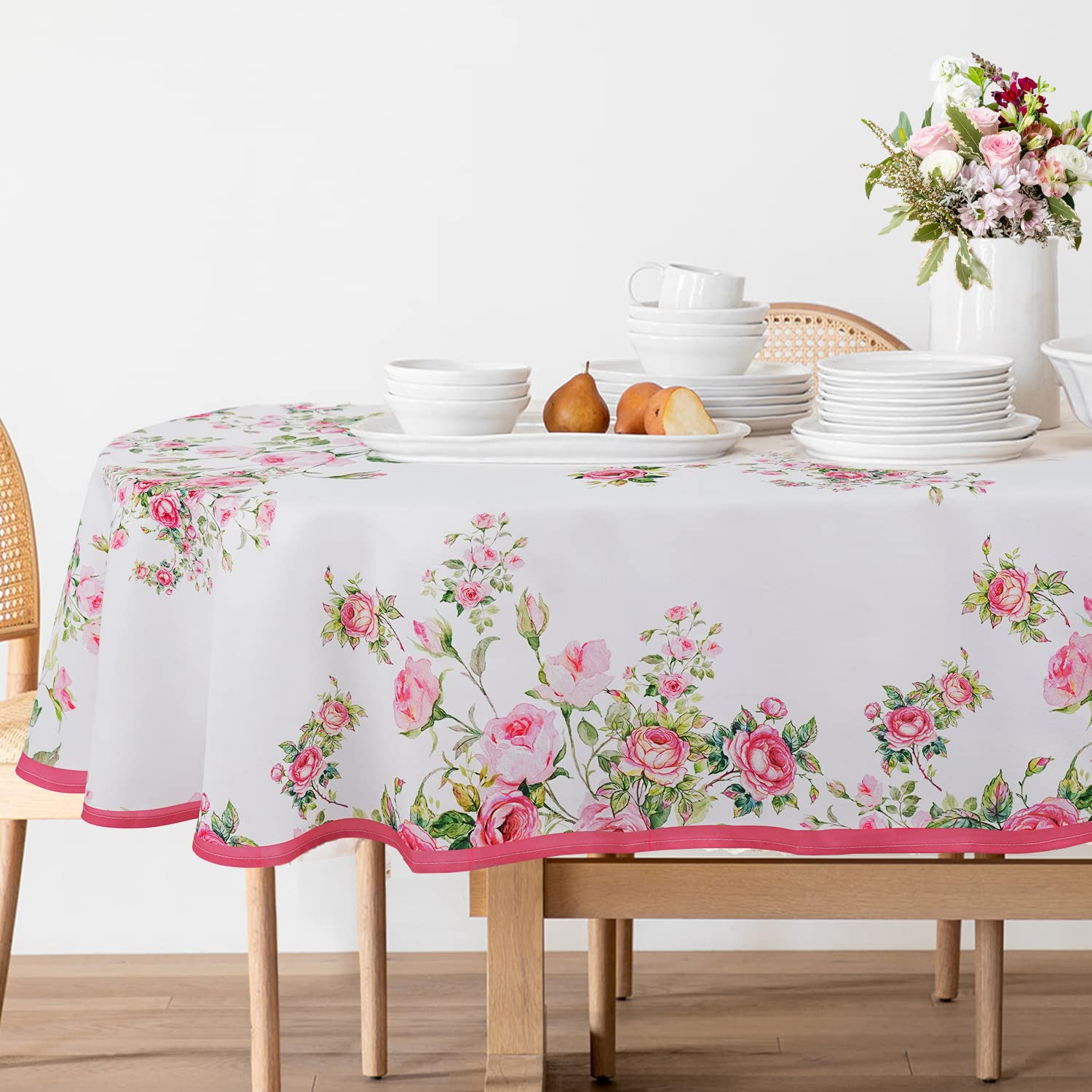 Pink Floral Oval Tablecloth 60x84 Inch - Waterproof Wrinkle-Free Spring Summer Table Cover for Dining, Parties & Outdoor Events - Decorative Pink Flowers Print Oval Table Cloth
