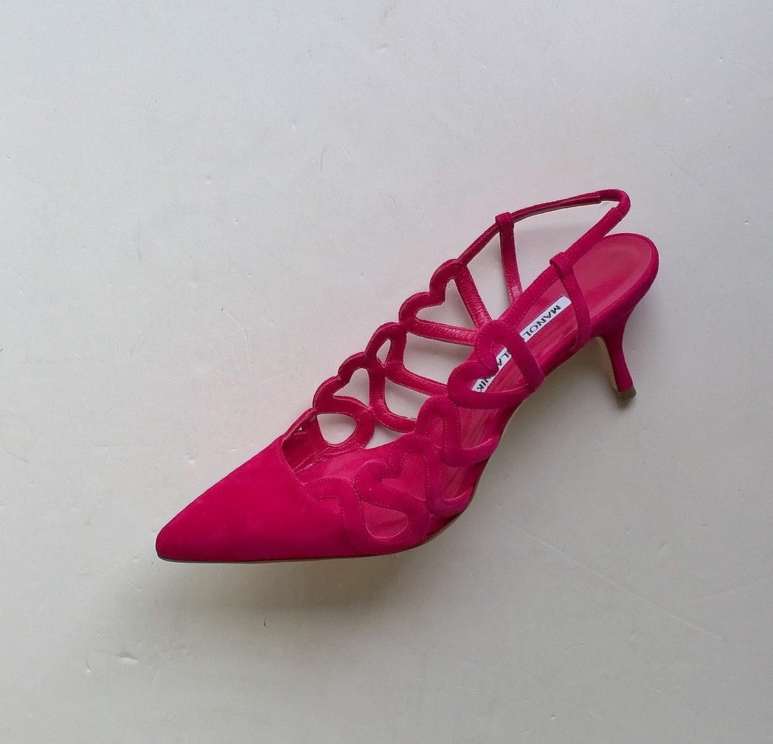 Manolo Blahnik Wonka Hearts Pink Suede Sandals - Fuchsia Women's High Heels for Party, Wedding & Special Occasions
