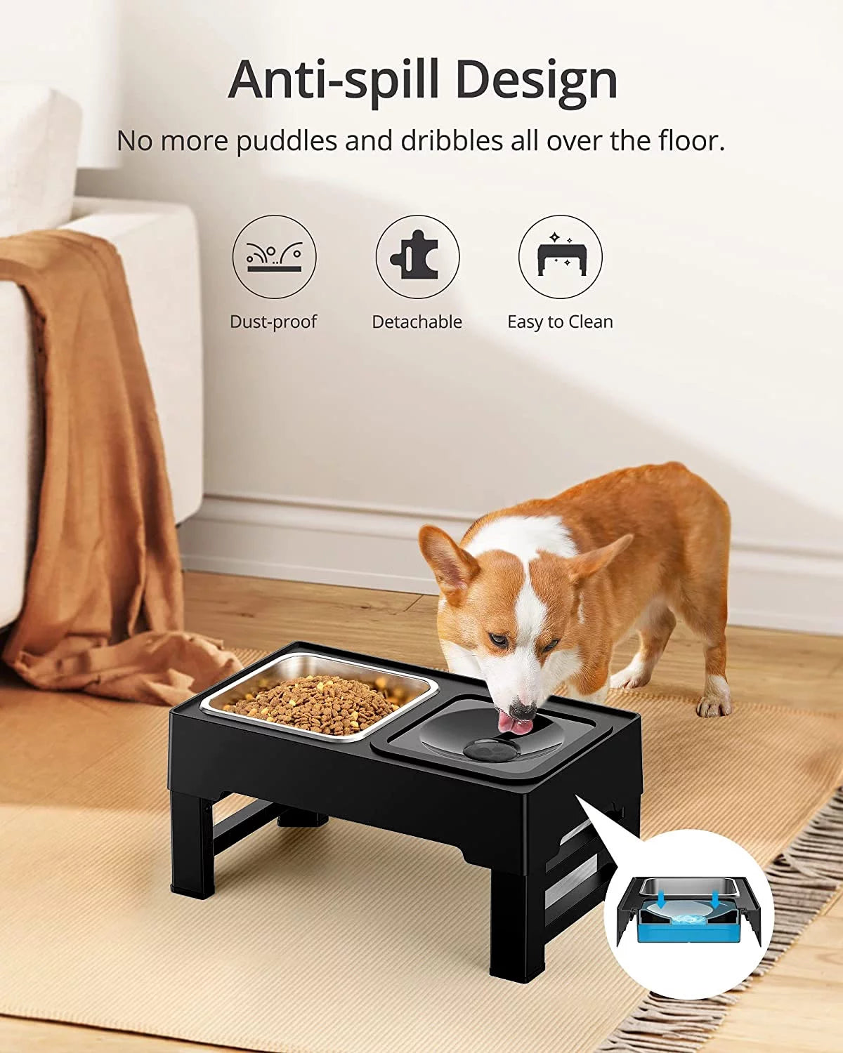 Elevated Dog Bowl Stand with Non-Spill Water Bowl & Stainless Steel Food Dish - Perfect for Medium/Large Dogs, Anti-Slip Base for Mess-Free Feeding in Kitchen or Outdoor Use
