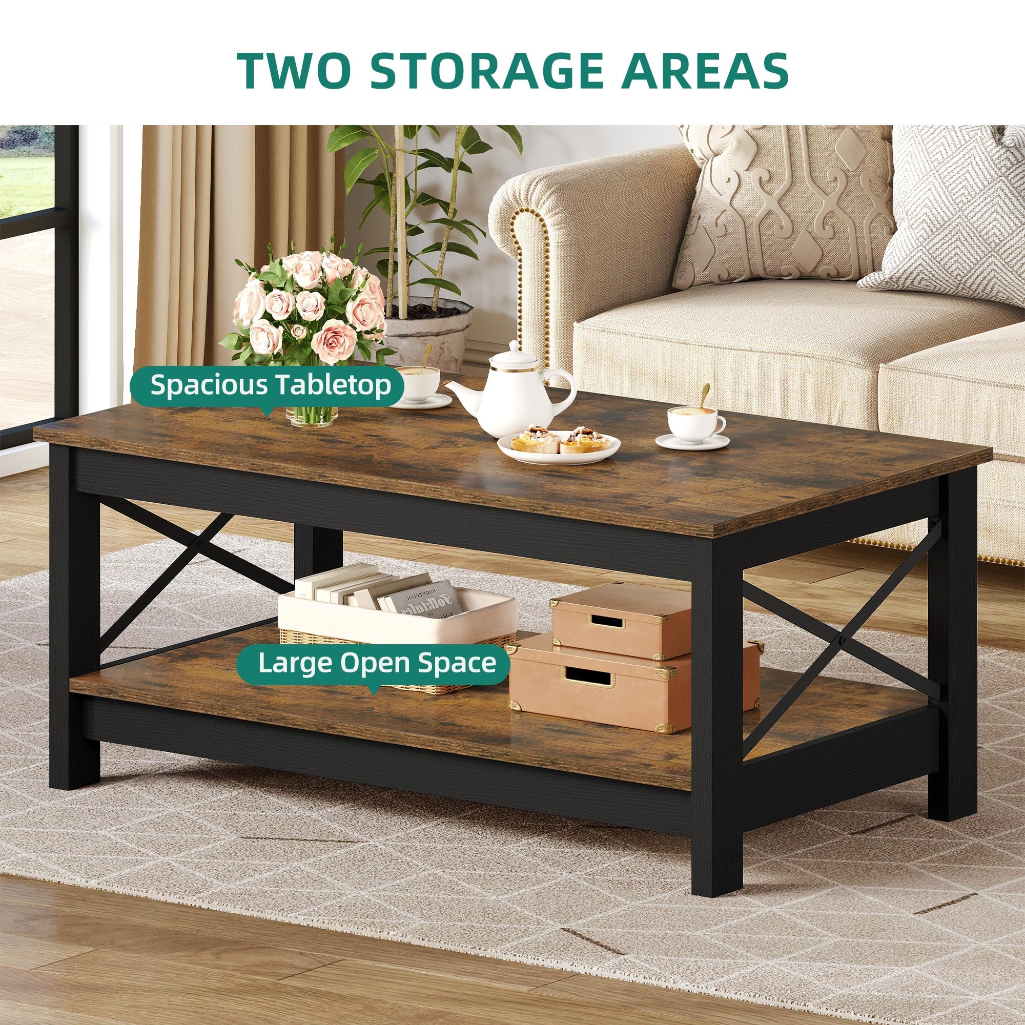 Modern Farmhouse Coffee Table with Storage - 2-Tier Wooden Living Room Center Table, Rustic Brown Accent Cocktail Table with Sturdy Frame | Perfect for Small Spaces, Farmhouse Decor & Cozy Living Rooms
