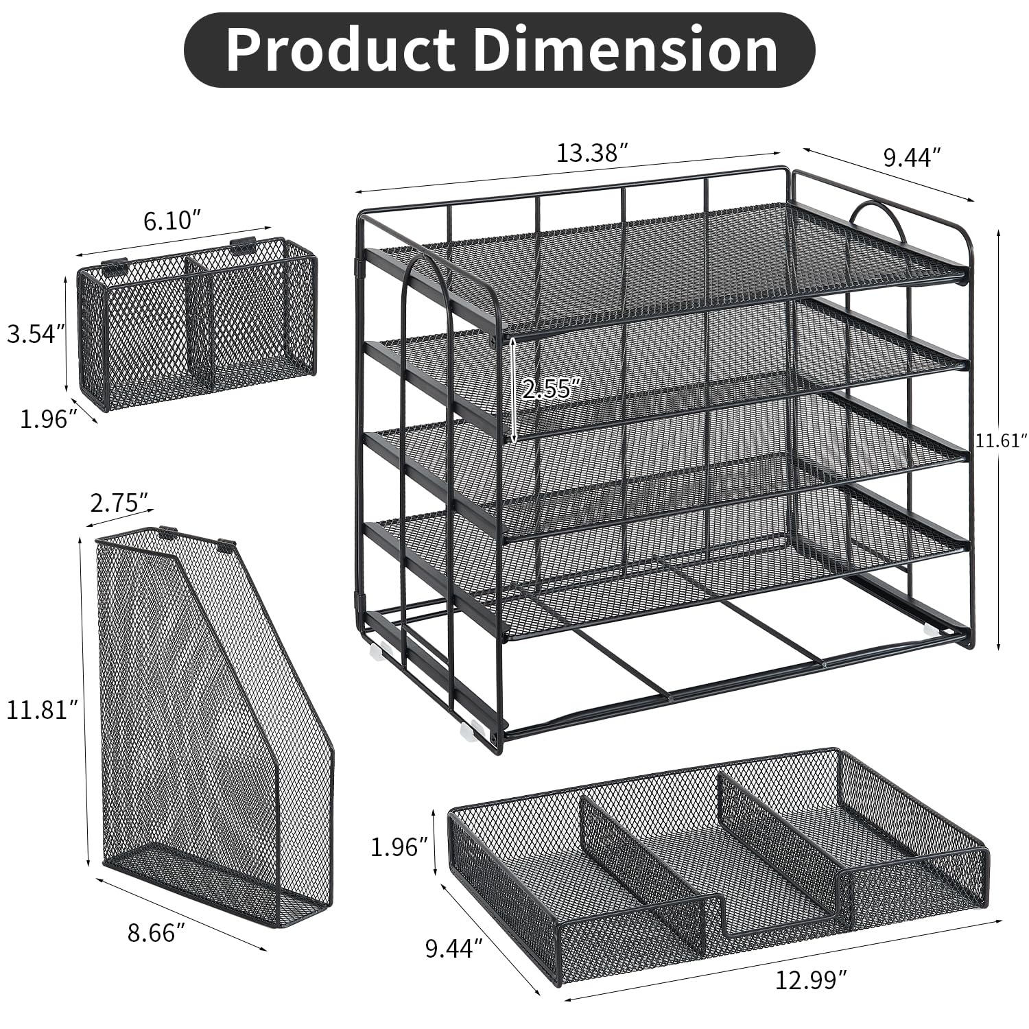 Youbetia 5-Tier Mesh Paper Tray Organizer with File Holder & Pen Storage - Black Desk Organizer for Office Supplies, Workspace Accessories | Perfect for Home Office, School Desk & Workplace Organization