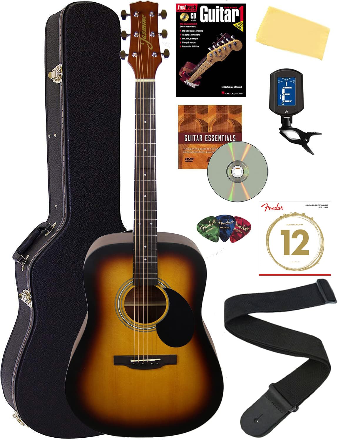 S35 Dreadnought Acoustic Guitar Bundle - Matte Sunburst Finish with Hard Case, Strings, Tuner, Strap, Picks, Instructional Book & DVD, Polishing Cloth | Perfect for Beginners, Campfires, Live Performances & Home Practice