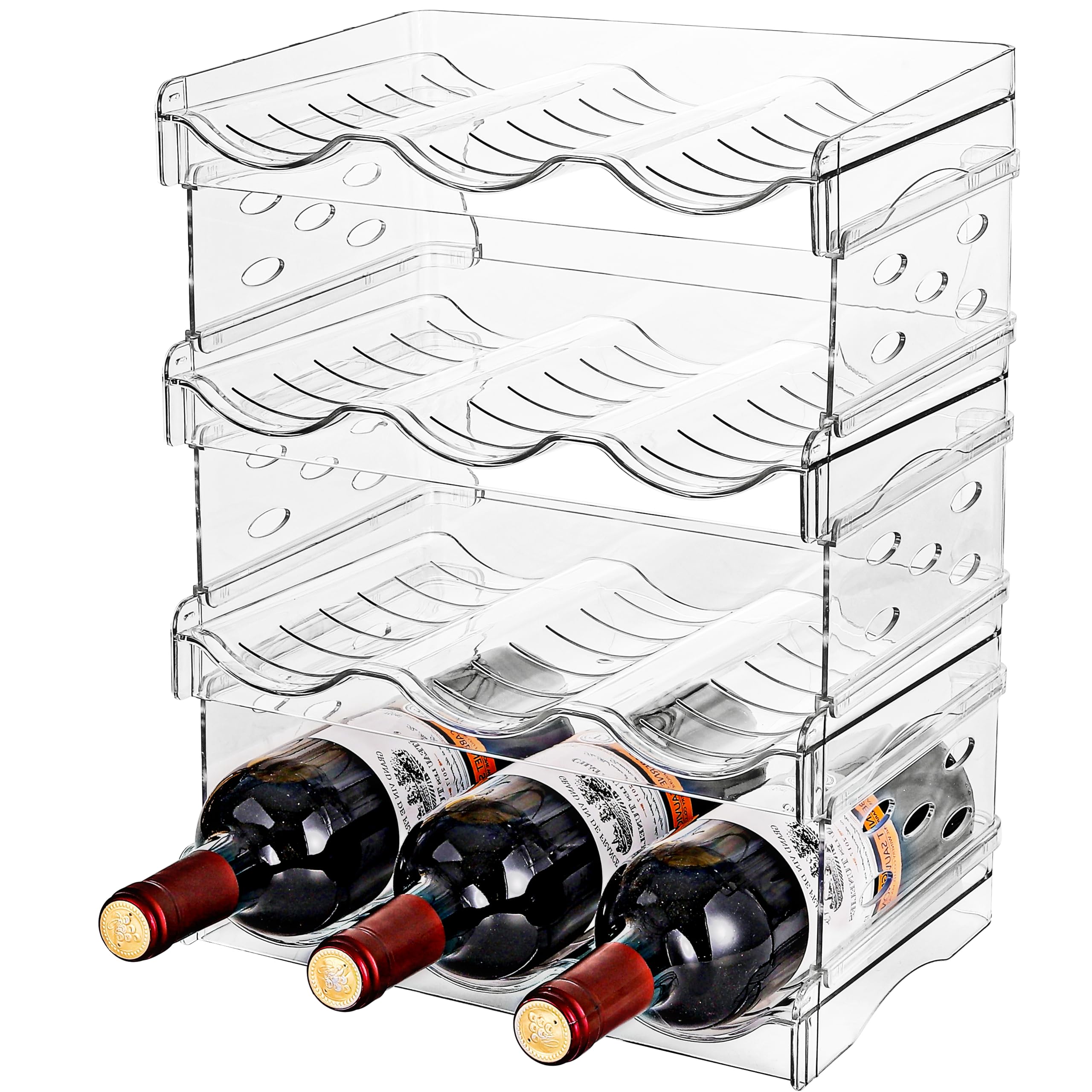 Stackable Wine Rack - 4 Tier Wine Bottle Holder Organizer for Cabinet, Pantry, Refrigerator & Countertop - Holds 12 Bottles - Perfect for Kitchen Storage, Dining Room Decor & Wine Cellar Organization