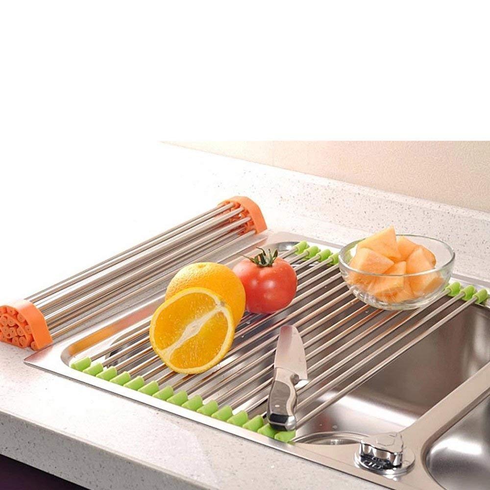 KPS Foldable Stainless Steel & Rubber Dish Drying Rack - Space Saving Kitchen Sink Organizer for Plates, Bowls & Utensils | Perfect for Small Kitchens, RV Living & Camping