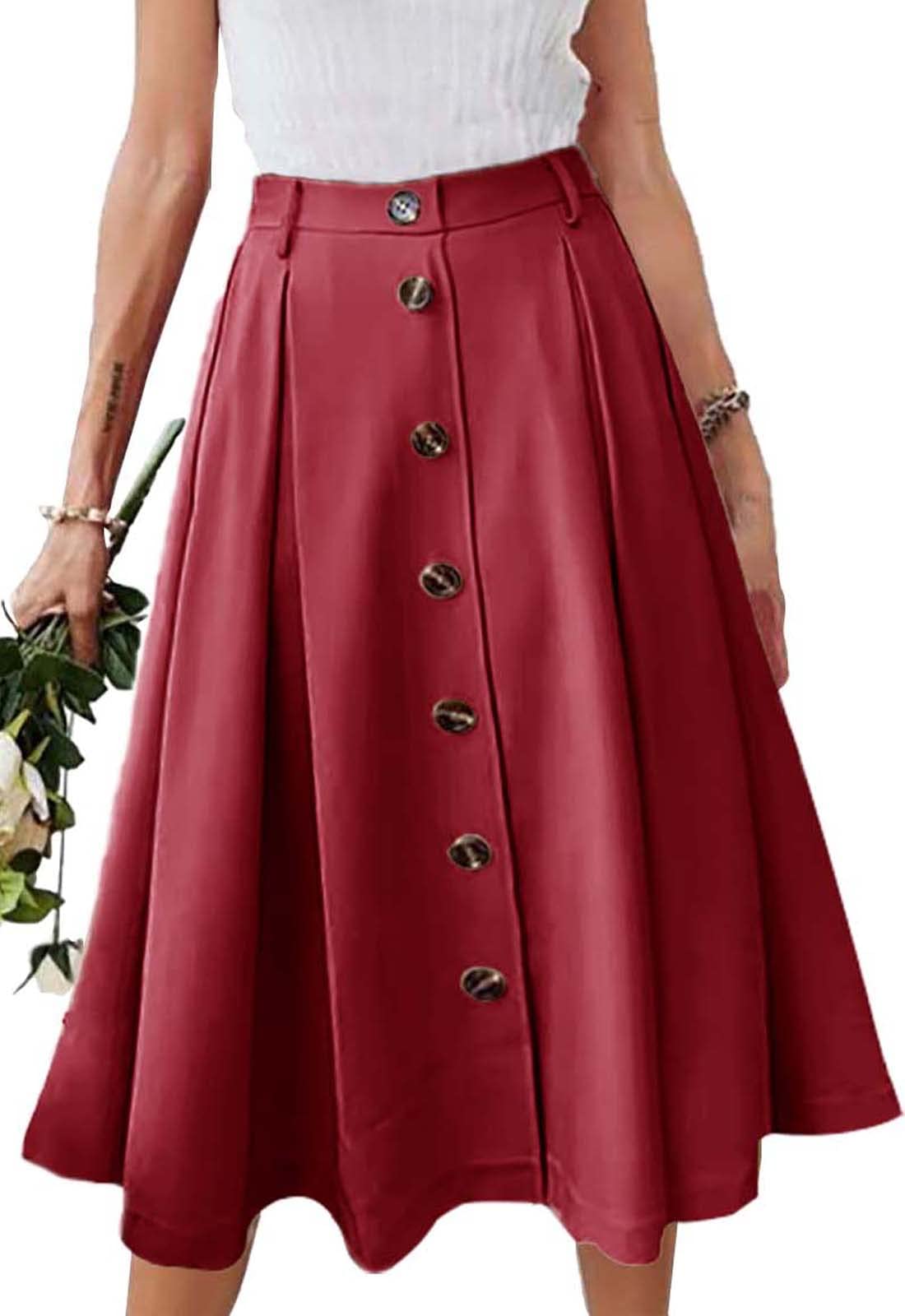 Stylish Pleated A-line Midi Skirt with Elastic Waist & Front Buttons | Women's Casual Flared Long Skirt with Pockets | Perfect for Office Wear, Date Nights & Spring Outfits