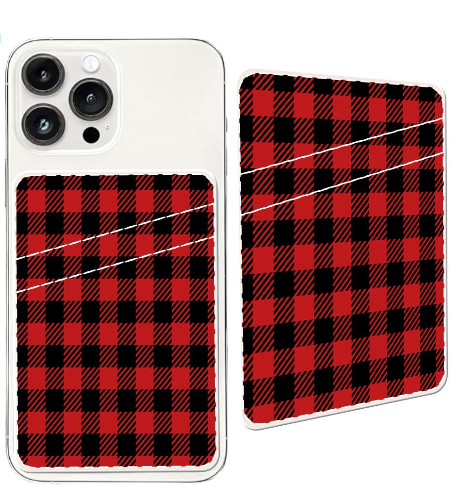 Stick-On Leather Phone Wallet - Cute Dual Pocket Credit Card Holder for Back of Phone Case | Compatible with Most Smartphones (Black & Red Checkerboard) | Perfect for Hands-Free Shopping, Travel & Daily Essentials