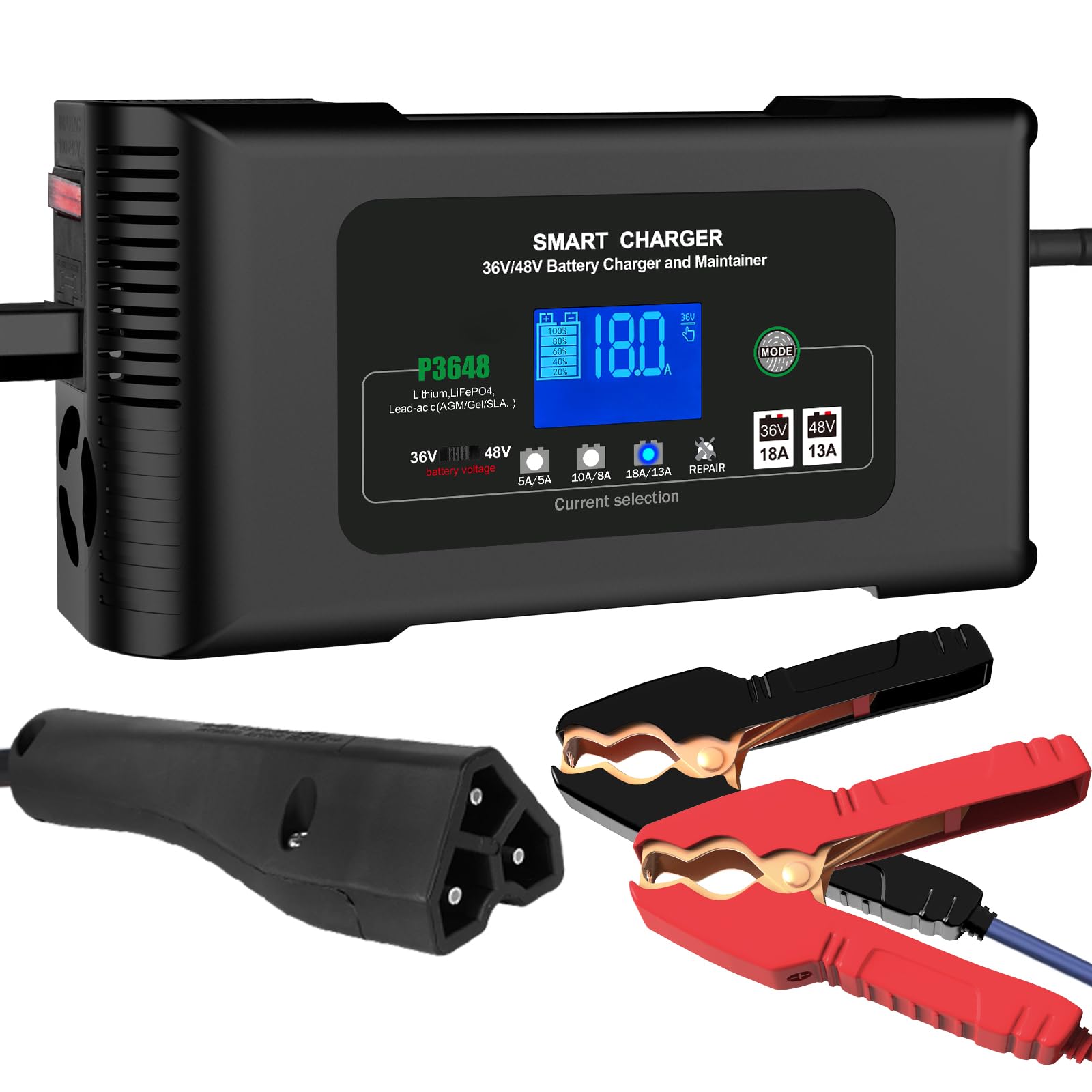 48V 13A & 36V 18A Smart Golf Cart Battery Charger for EZGO RXV & TXT - Compatible with Lithium, LiFePO4, Lead-Acid AGM/Gel/SLA Batteries - 3-Pin Delta-Q Connector - Perfect for Home, Golf Course & RV Use