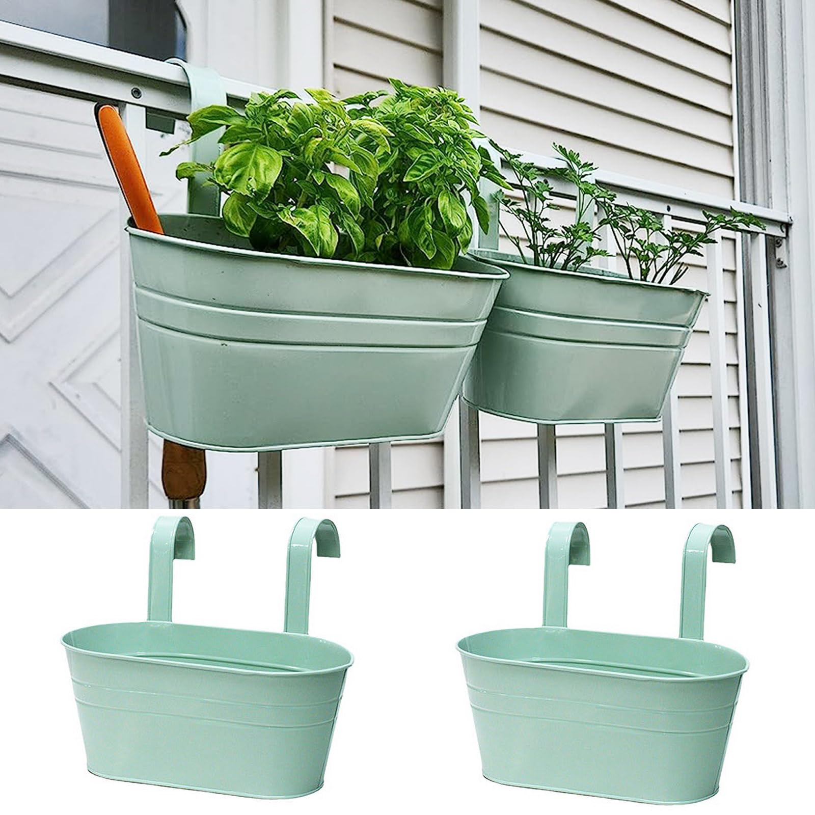 3 Pack Metal Hanging Flower Pots - Oval Railing Planter for Fence, Garden & Balcony - Detachable Hook Iron Bucket Planters for Indoor Outdoor Decor (Light Green) - Perfect for Patio, Porch & Window Display