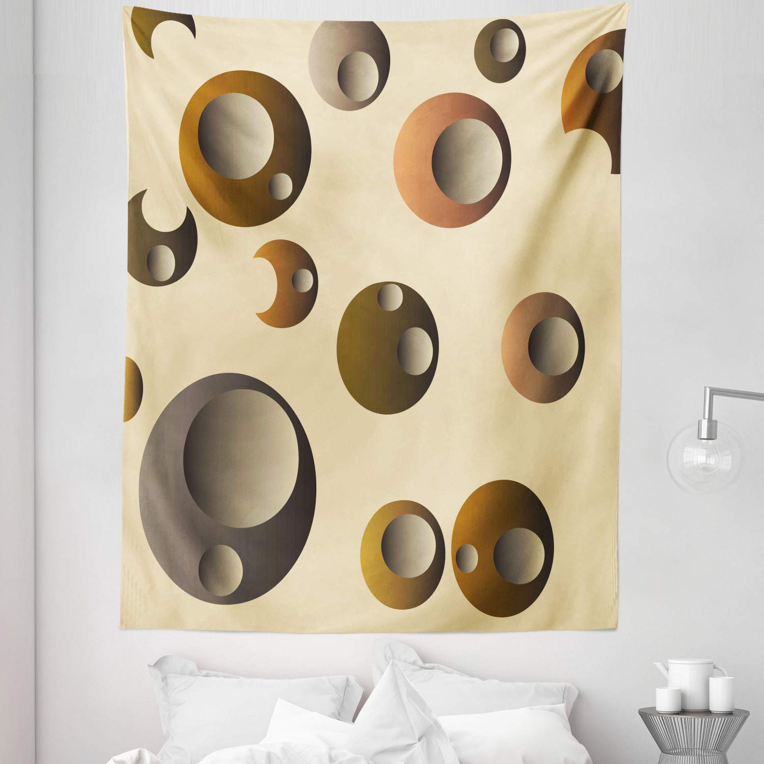 Ambesonne Retro Abstract Tapestry - Twin Size Wall Hanging with Funky Bubble Circles Design (68x88 Inches) | Pale Brown Caramel Bedspread for Bohemian Bedroom Decor, Dorm Room Aesthetic & Living Room Wall Art