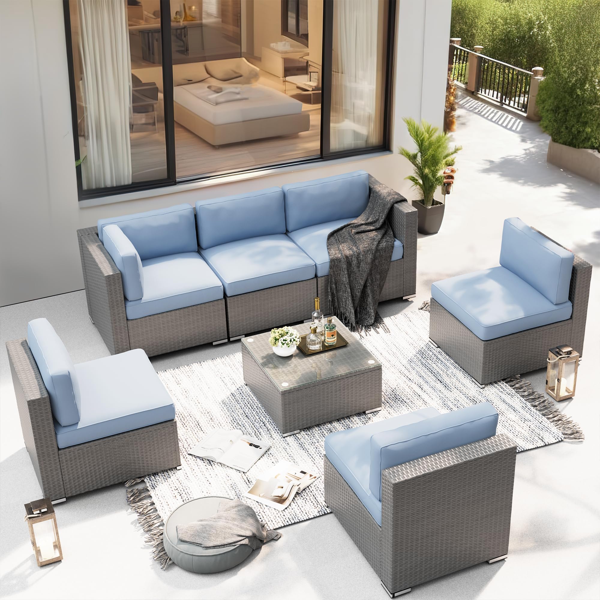 SUNCROWN 7-Piece Outdoor Patio Furniture Set - Grey Wicker Sectional Sofa with Coffee Table & Light Blue Cushions - Perfect for Backyard, Garden, Poolside & Patio Conversations