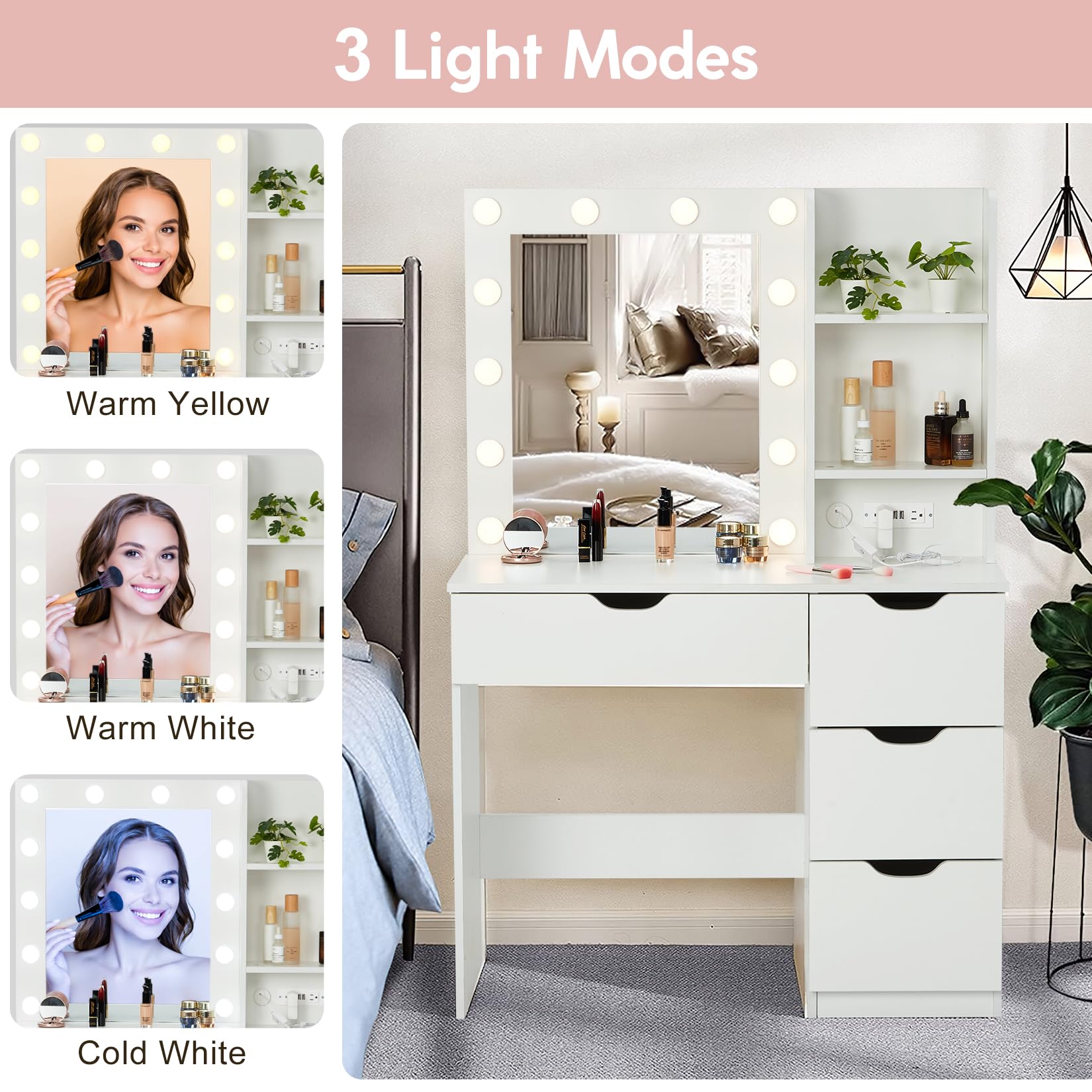 Modern Vanity Makeup Desk with LED Lights & Power Outlet - White Dressing Table with 4 Drawers, Crystal Knobs & Large Mirror - Perfect for Bedroom, Beauty Salon & Home Decor