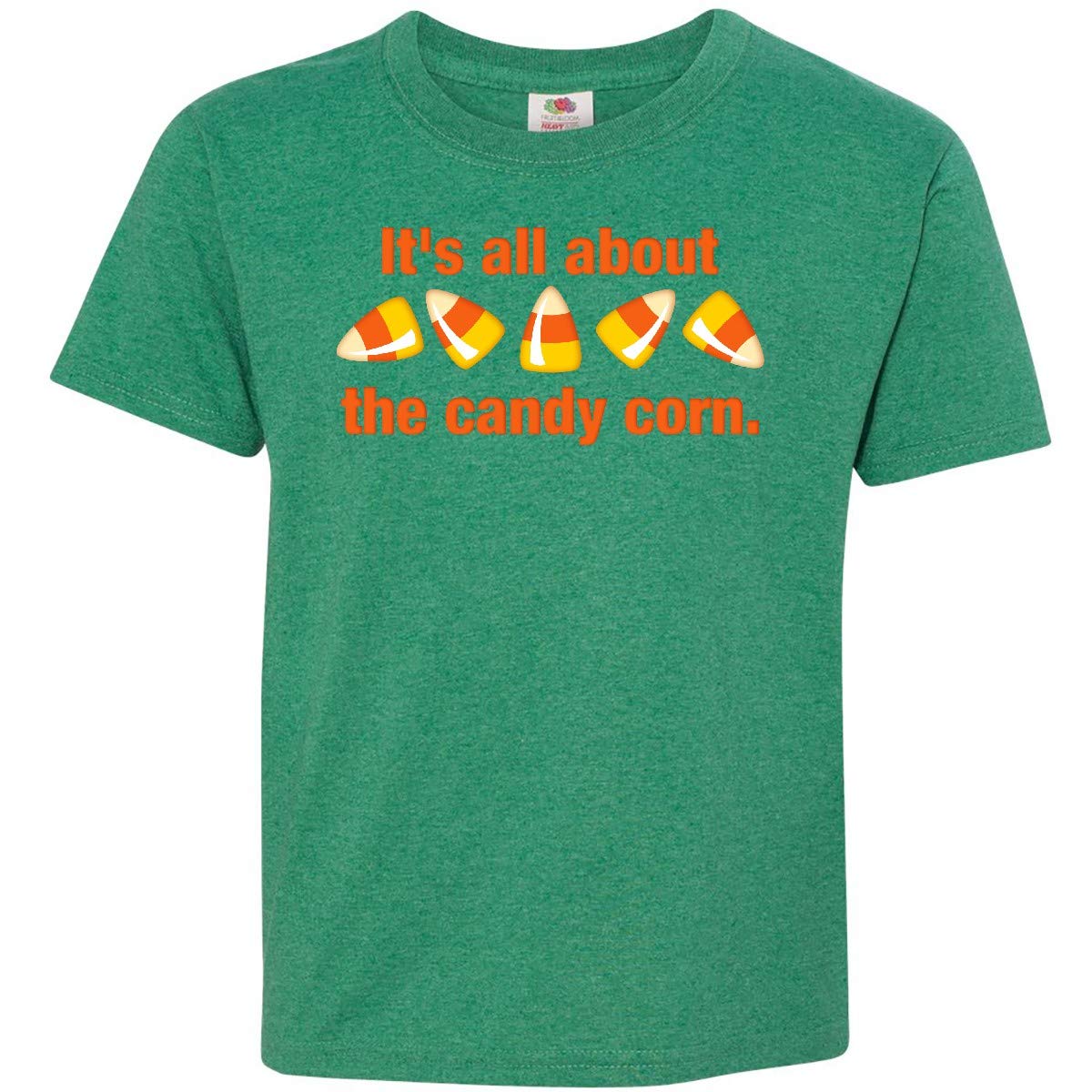 Inktastic All About The Candy Corn Youth T-Shirt | Fun Halloween Costume & Party Outfit for Kids | Cute Fall Festival Apparel