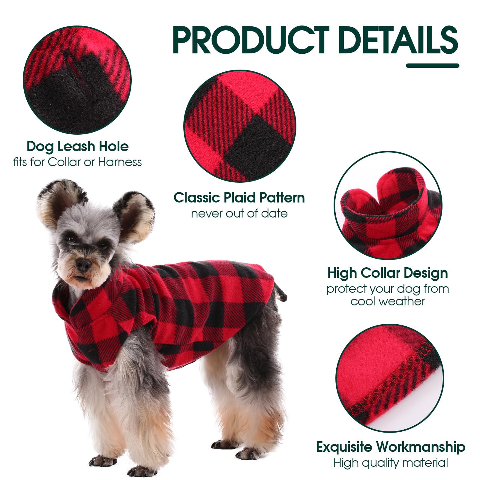 Kuoser Stretch Dog Fleece Vest - Soft Plaid Dog Sweater for Small Dogs & Cats | Warm Winter Pullover Coat for Teddy, Chihuahua & Yorkshire Terriers | Leash Hole Design | Perfect for Outdoor Walks & Indoor Cozy Time