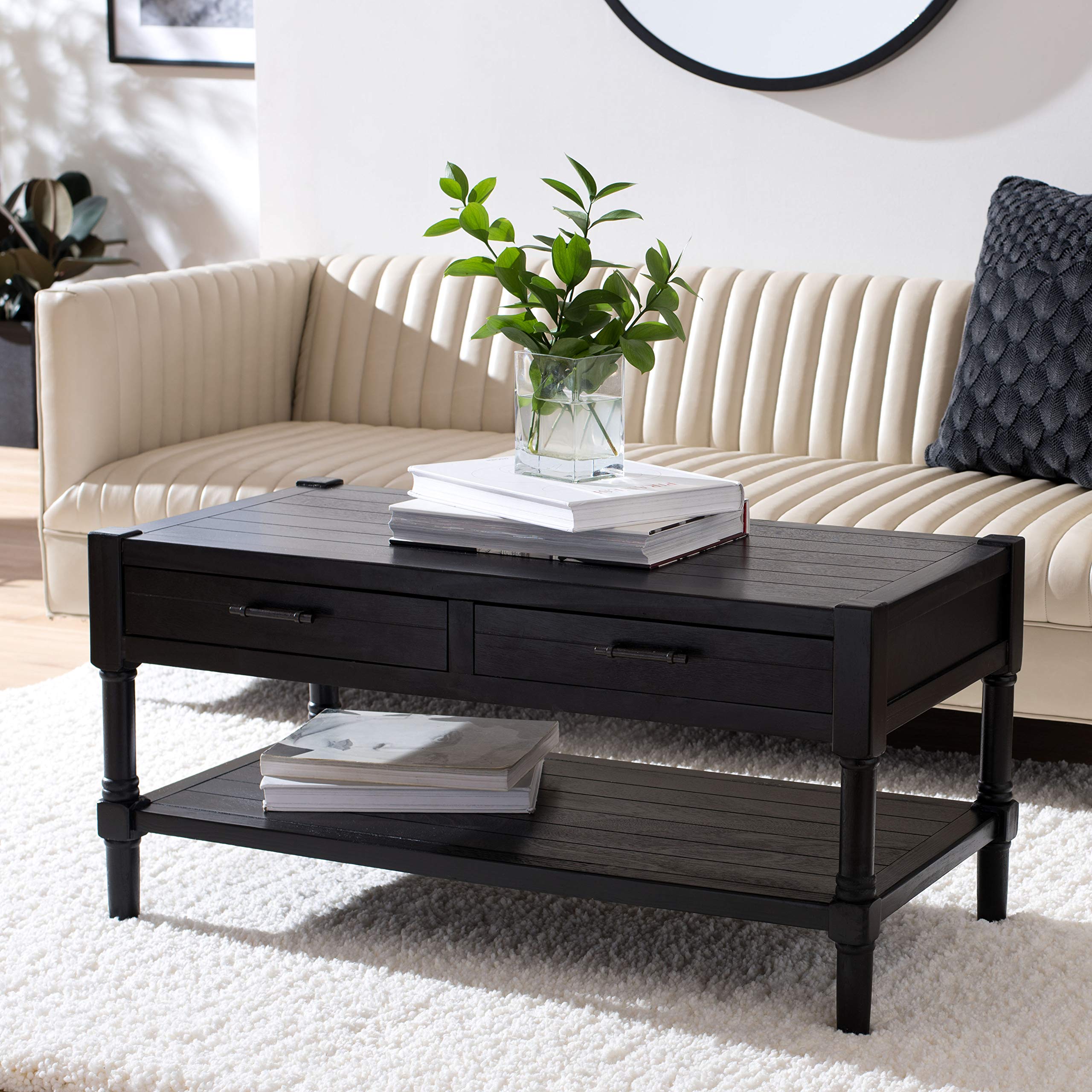 SAFAVIEH Home Collection Filbert Black 2-Drawer Bottom Shelf Coffee Table - Modern Living Room Furniture with Storage for Small Spaces | COF5703B