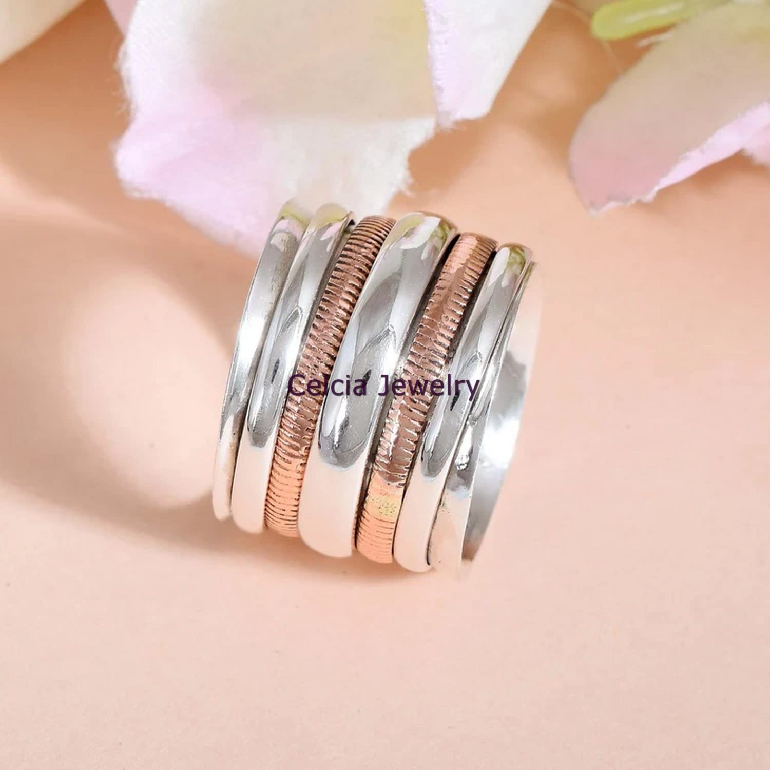 925 Sterling Silver Meditation Spinner Ring for Anxiety Relief - Unisex Handmade Worry Ring with Two-Tone Spinning Design (Size 7) - Perfect for Stress Management, Mindfulness Practice & Daily Wear