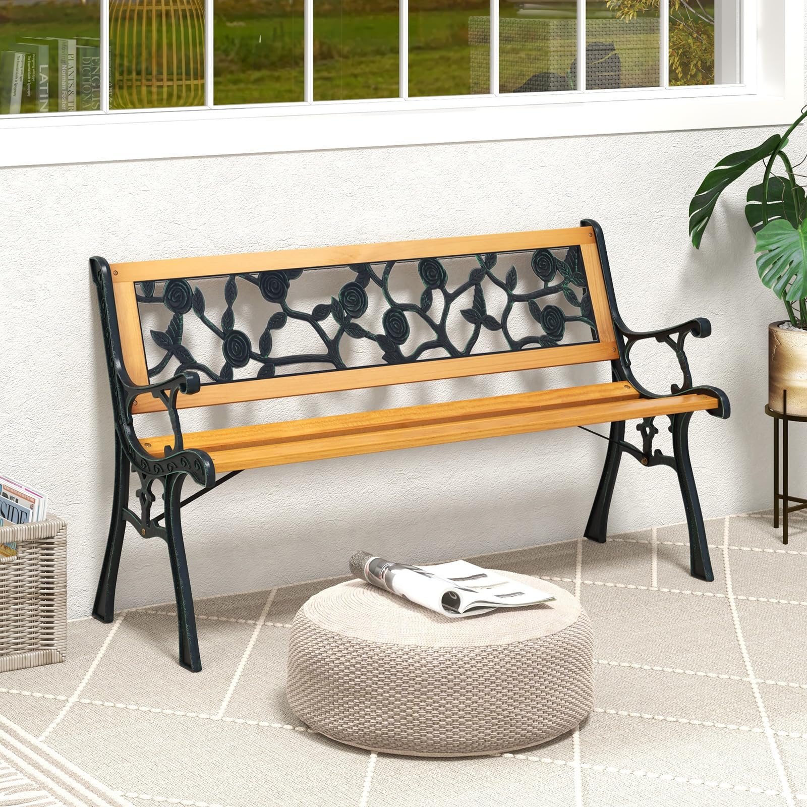 Tangkula Outdoor Garden Bench - Heavy Duty Cast Iron & Hardwood Park Bench for Patio, Porch, Backyard, Deck, Lawn, Poolside - Weather Resistant Loveseat for Relaxing in Gardens, Parks or Outdoor Spaces