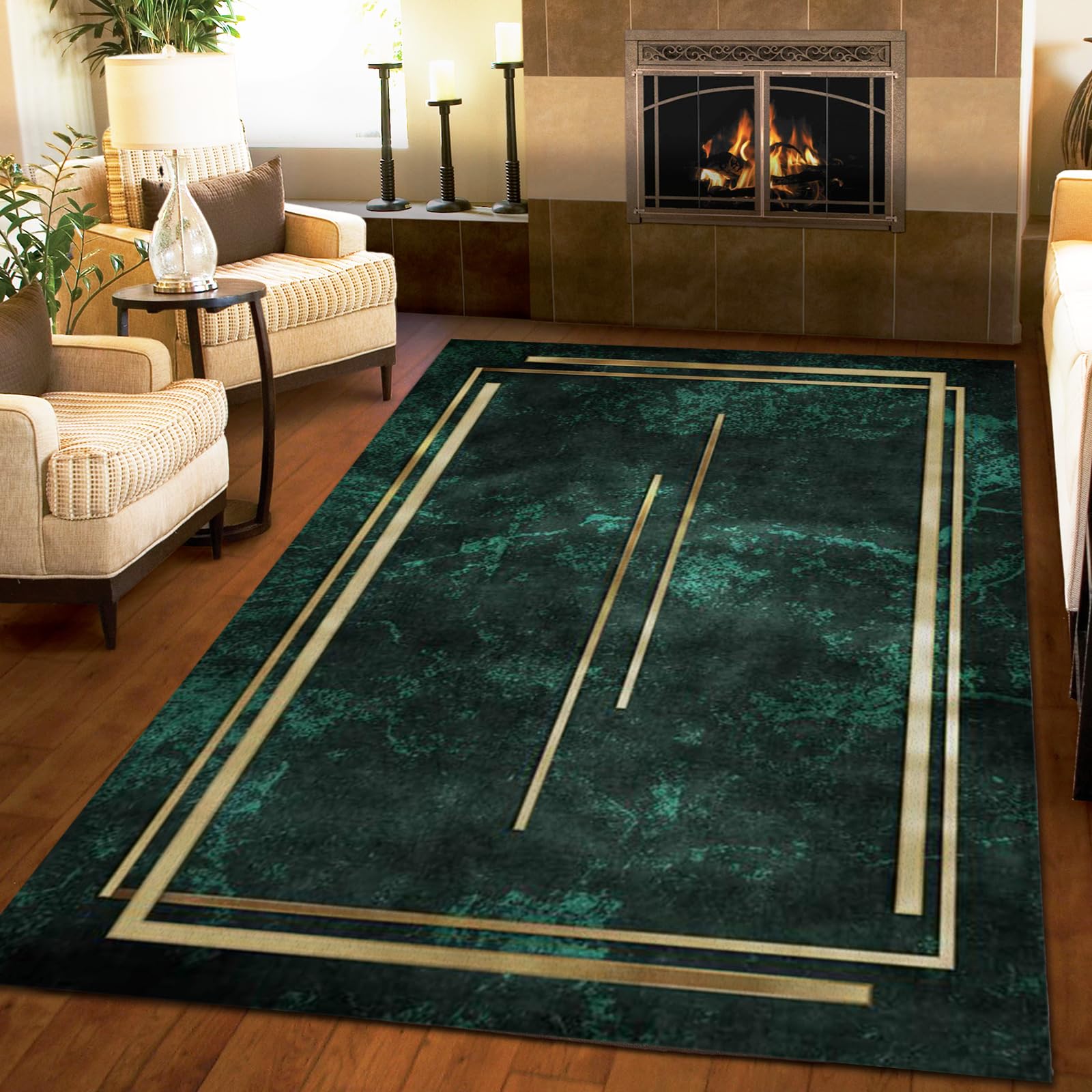 GIRTFU 8x10 Large Area Rugs - Emerald Green with Golden Geometric Lines, Fluffy Plush Rug for Living Room, Bedroom, Nursery | Non-Slip Backing, European Luxury Style | Perfect for Home Decor, Kids Room, and Cozy Spaces